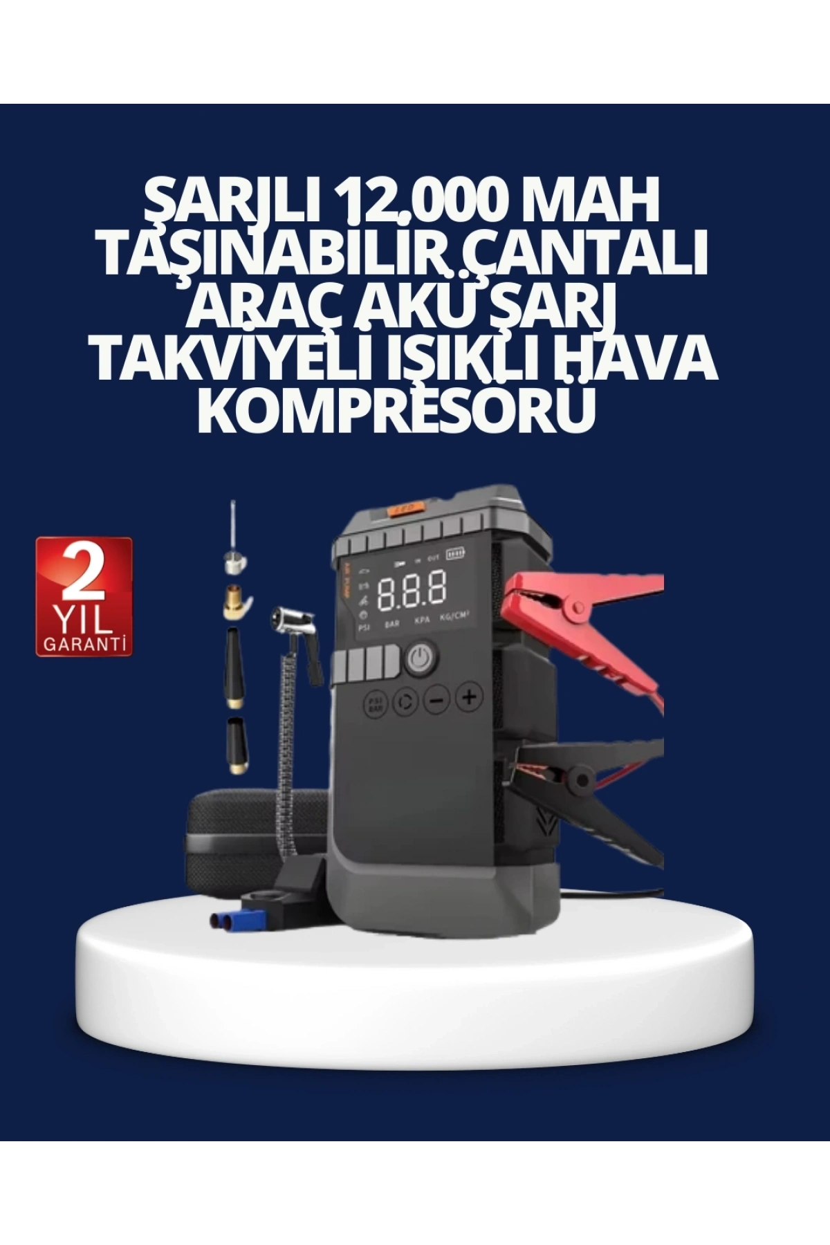Şarjlı 12000 mAh Araç Akü Takviye ve Hava Kompresörü 4’ü 1 Arada