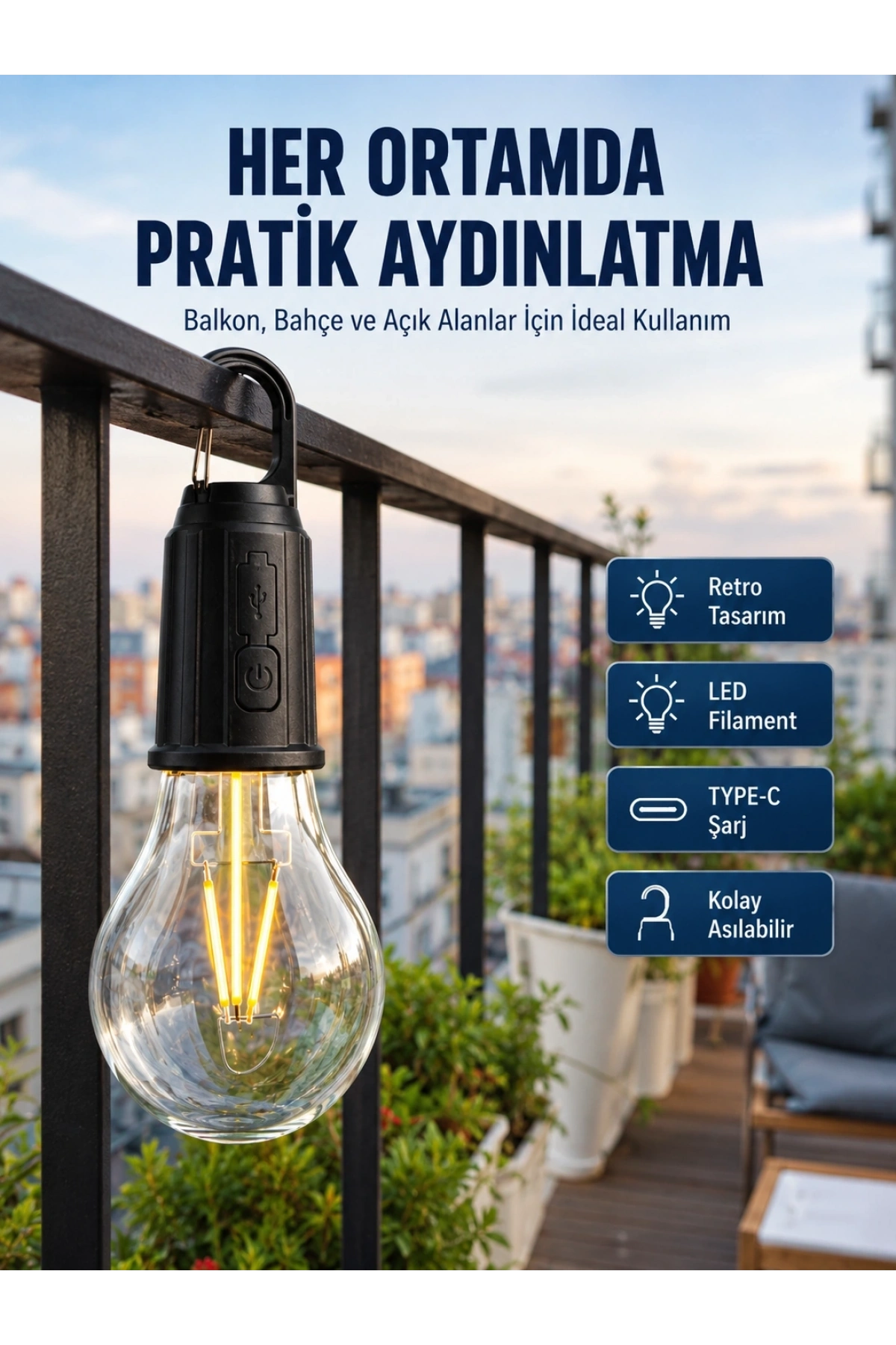 Şarjlı Dekoratif Kamp Lambası Askılı Ampul Led Işık Type-C Girişli