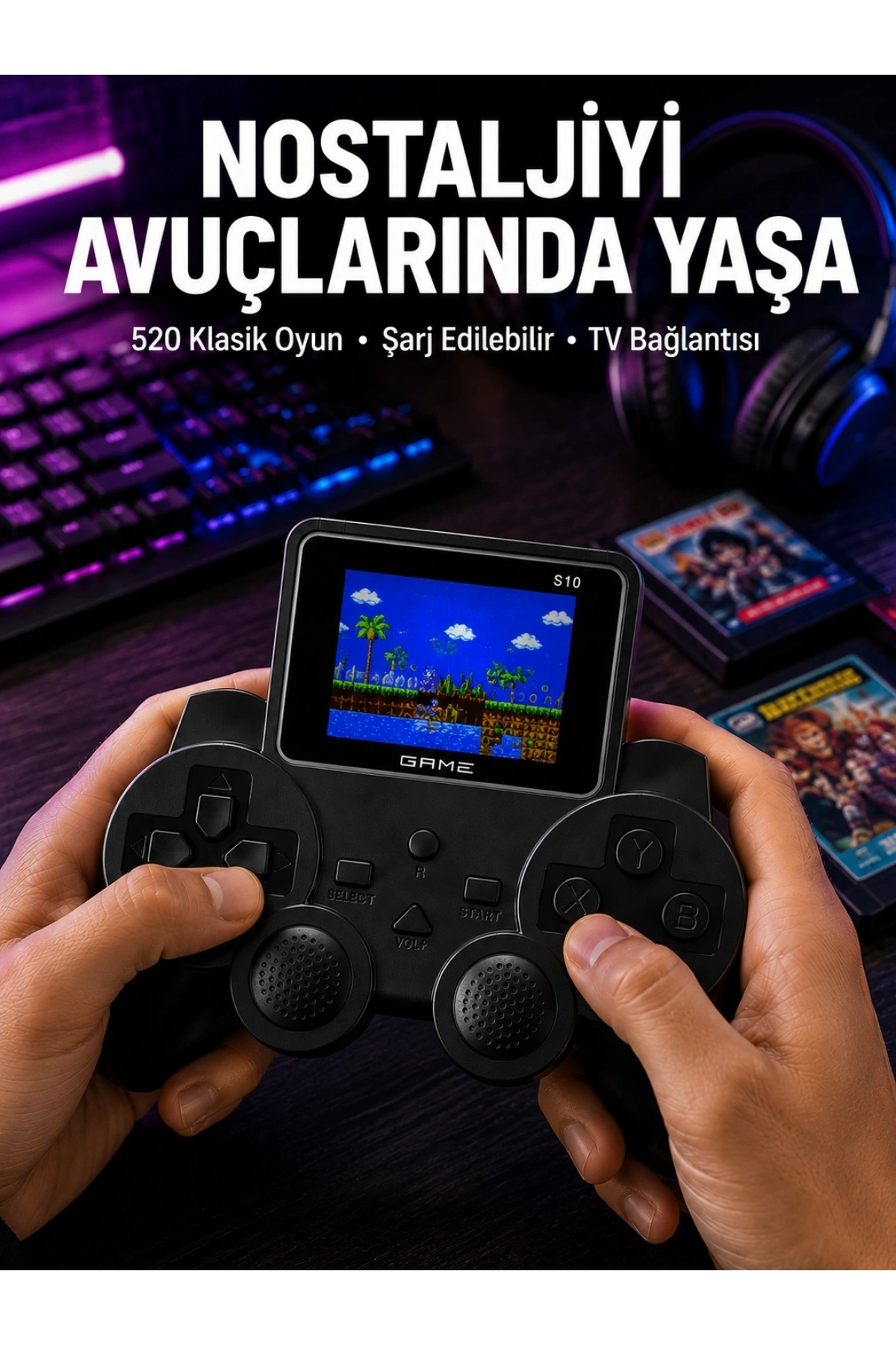 Şarjlı Retro Gamepad Oyun Konsolu 520 Oyunlu TV Çıkışlı El Konsolu