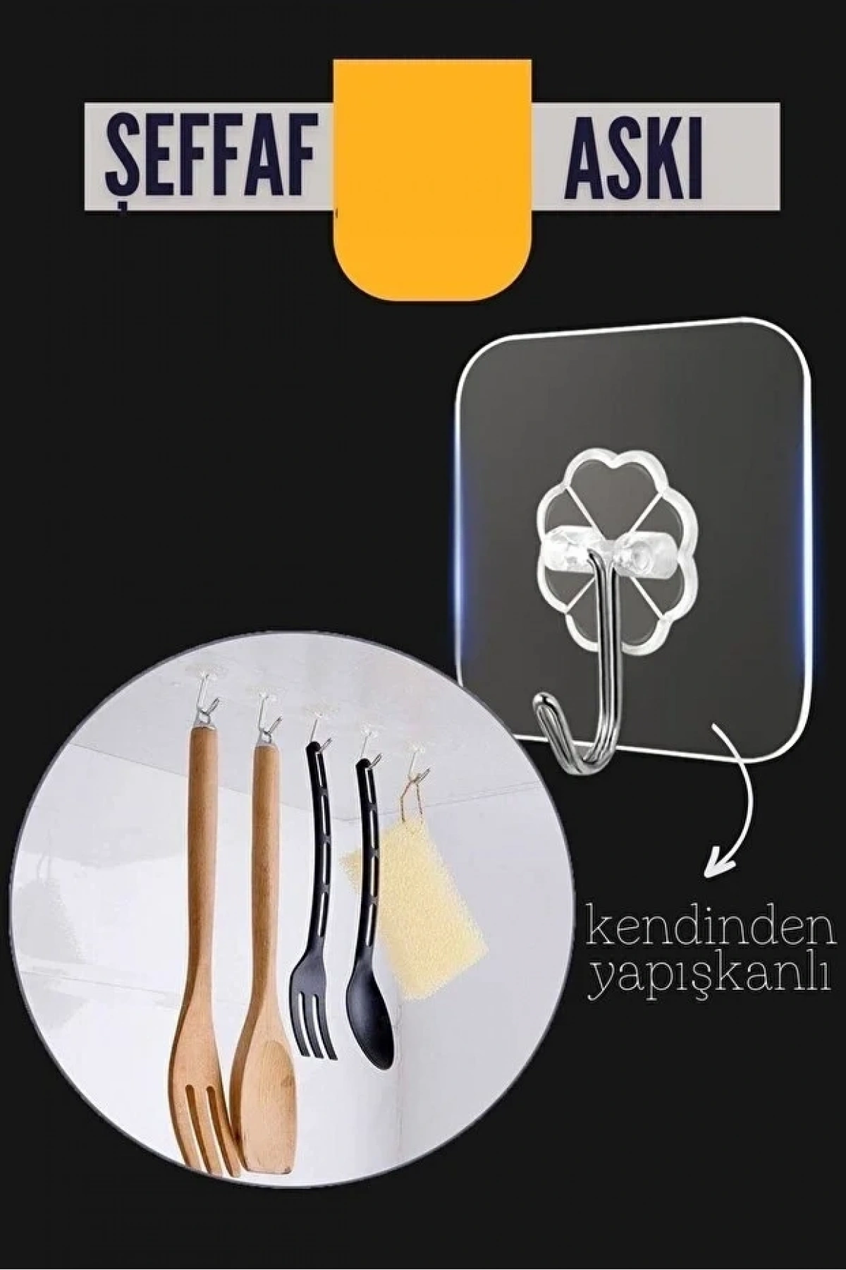 Şeffaf Yapışkanlı Askı, Mutfak Banyo Duvar Askısı, Çivisiz Pratik Kanca Seti