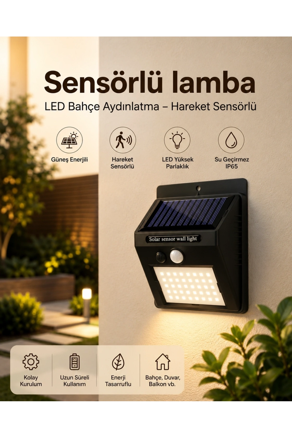 Sensörlü, Güneş Enerjili LED Duvar Lambası Bahçe ve Balkon Aydınlatma
