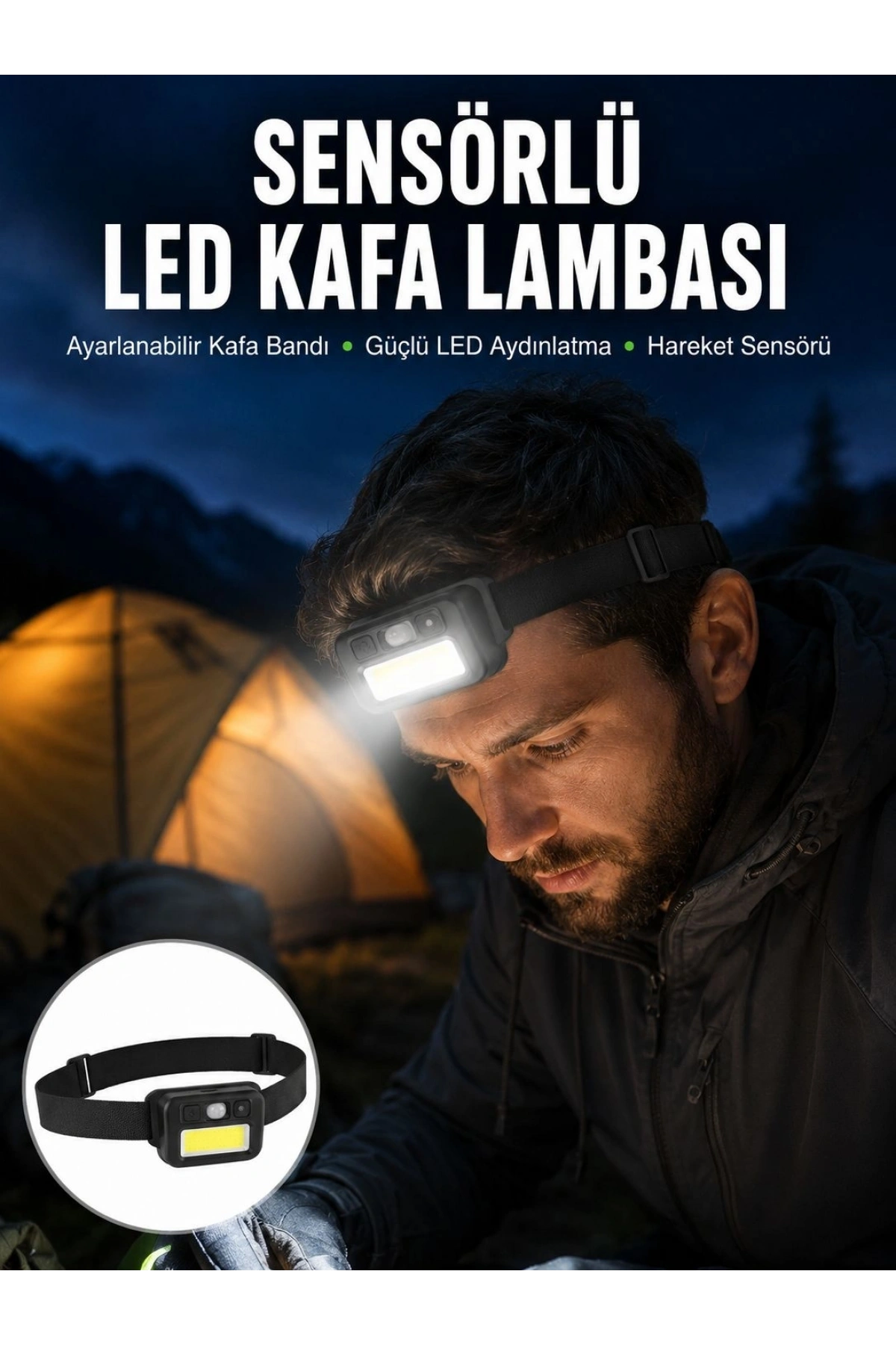 Sensörlü Kamp Lambası Ayarlanabilir Kafa Lambası Kafa Bantlı Yeni Nesil
