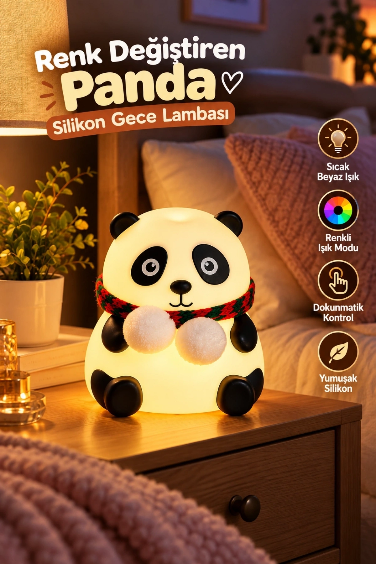 Sevimli Panda Silikon Gece Lambası Renkli Işık Modu Dokunmatik Kontrollü Aydınlatma