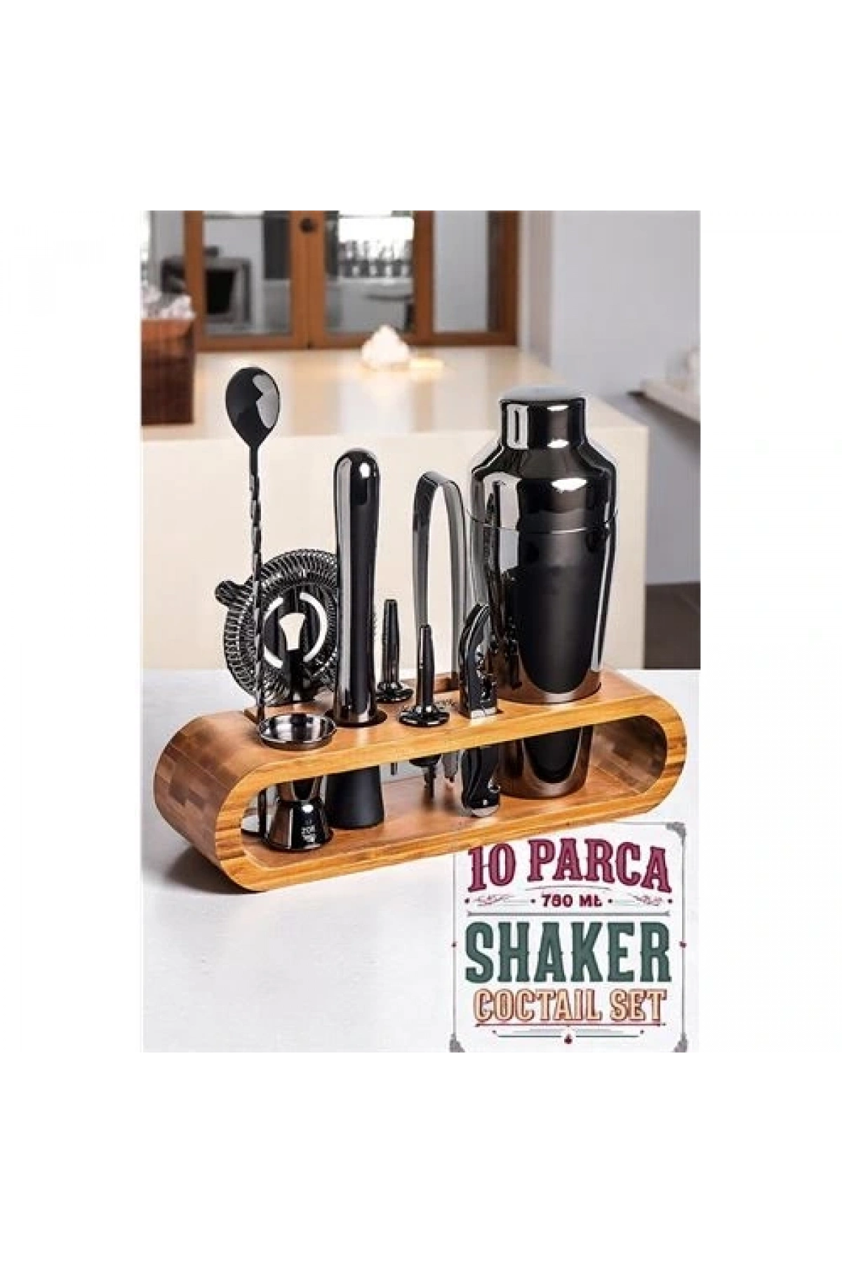 Shaker Kokteyl Set - 10 Parça 750 ML Shaker Coctail Set  Bambu Standlı