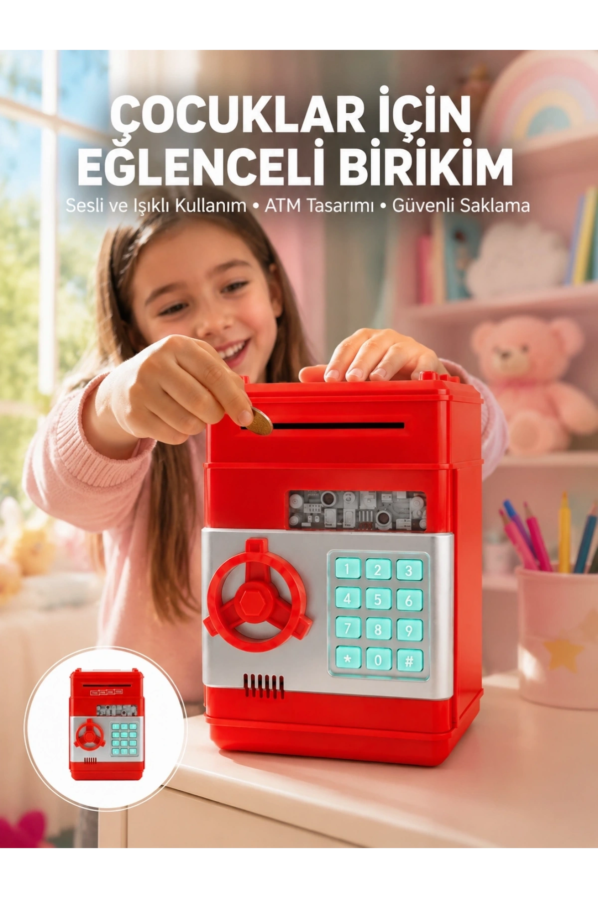Şifreli Kırmızı ATM Tasarımlı Çelik Kasa Görünümlü Kumbara