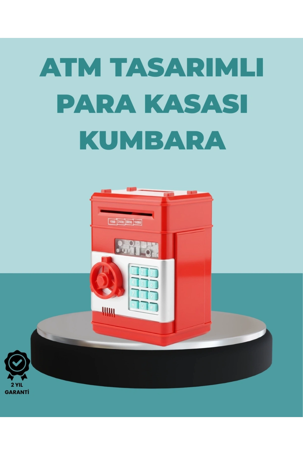 Şifreli Kırmızı ATM Tasarımlı Çelik Kasa Görünümlü Kumbara