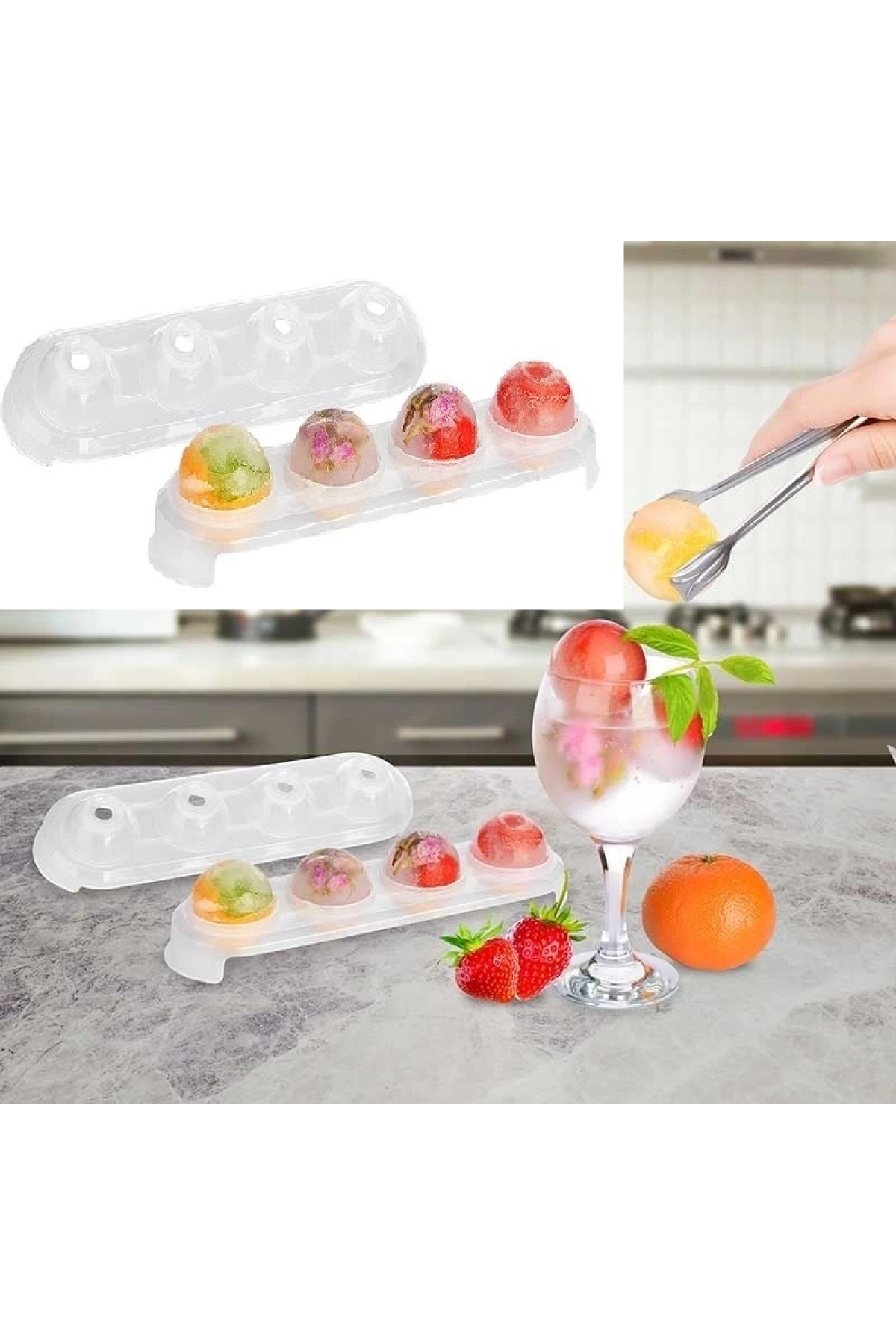 Silikon Tabanlı 4 Bölmeli Şeffaf Buz Kalıbı Yuvarlak Buzluk