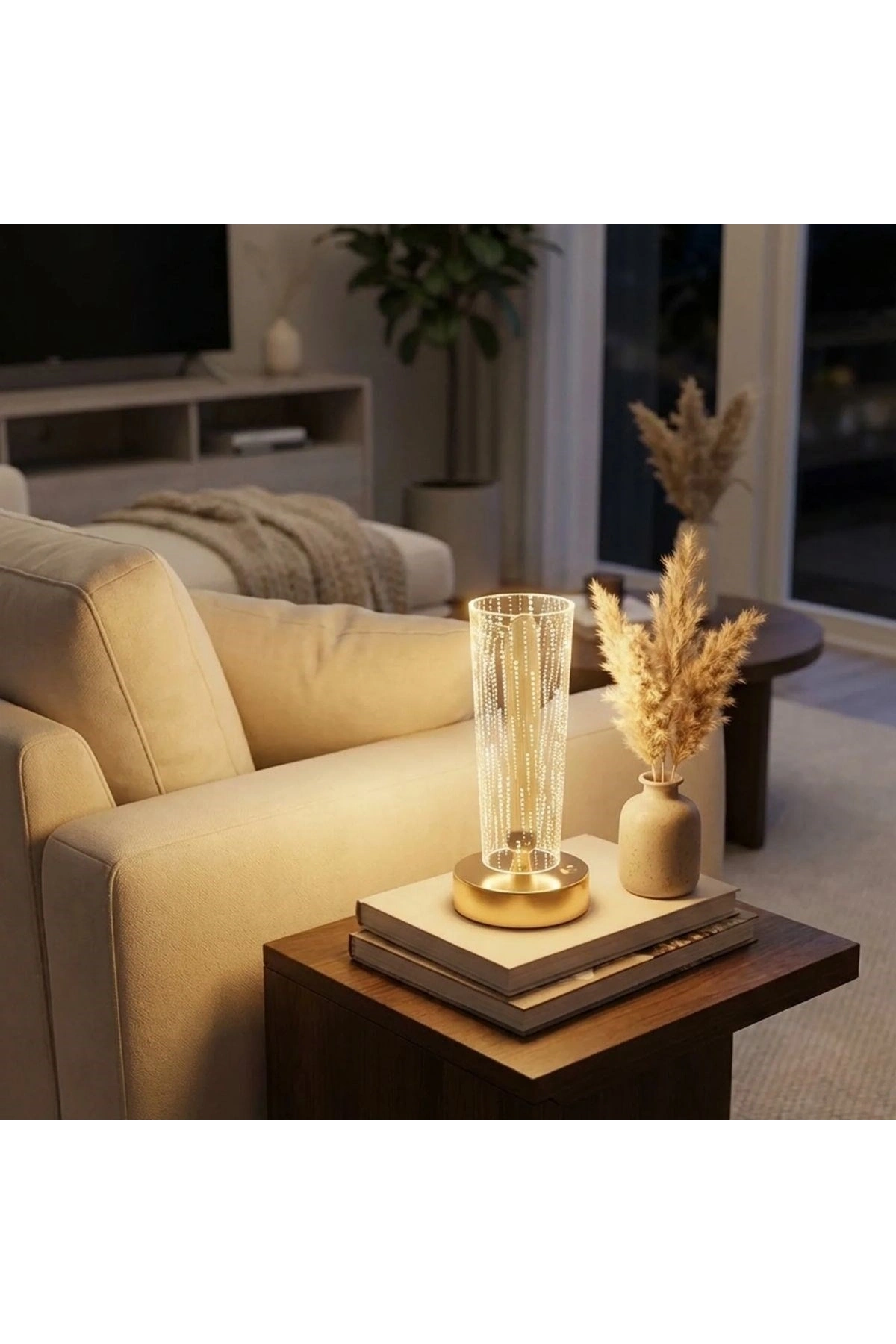 Silindirik Kristal Nokta Model LED Masa Lambası – Gold Tabanlı, Dokunmatik, 3 Renk Işık Modlu, Şarjlı Modern Dekoratif Gece Lambası (5047)