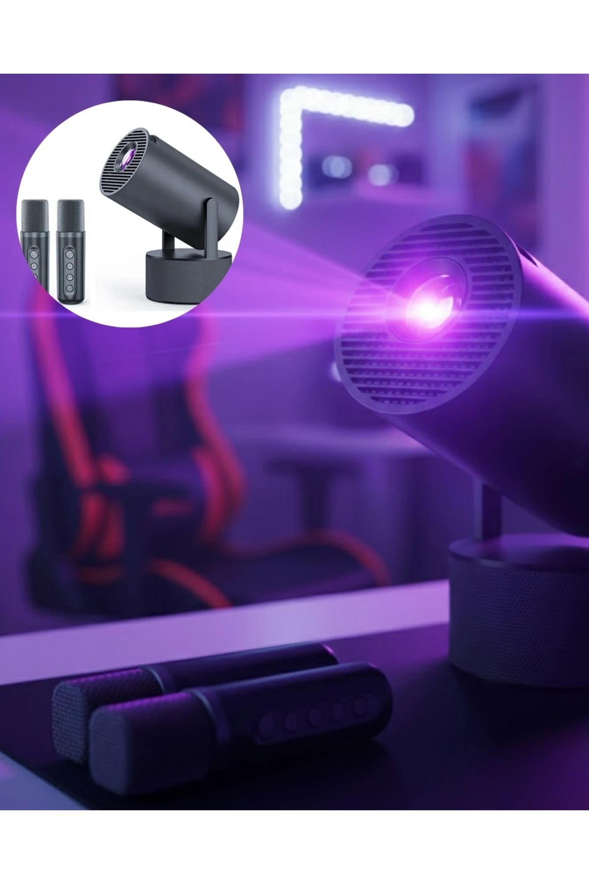 Siyah Android Sistemli Kareoke Projeksiyon 180° Döner Başlıklı