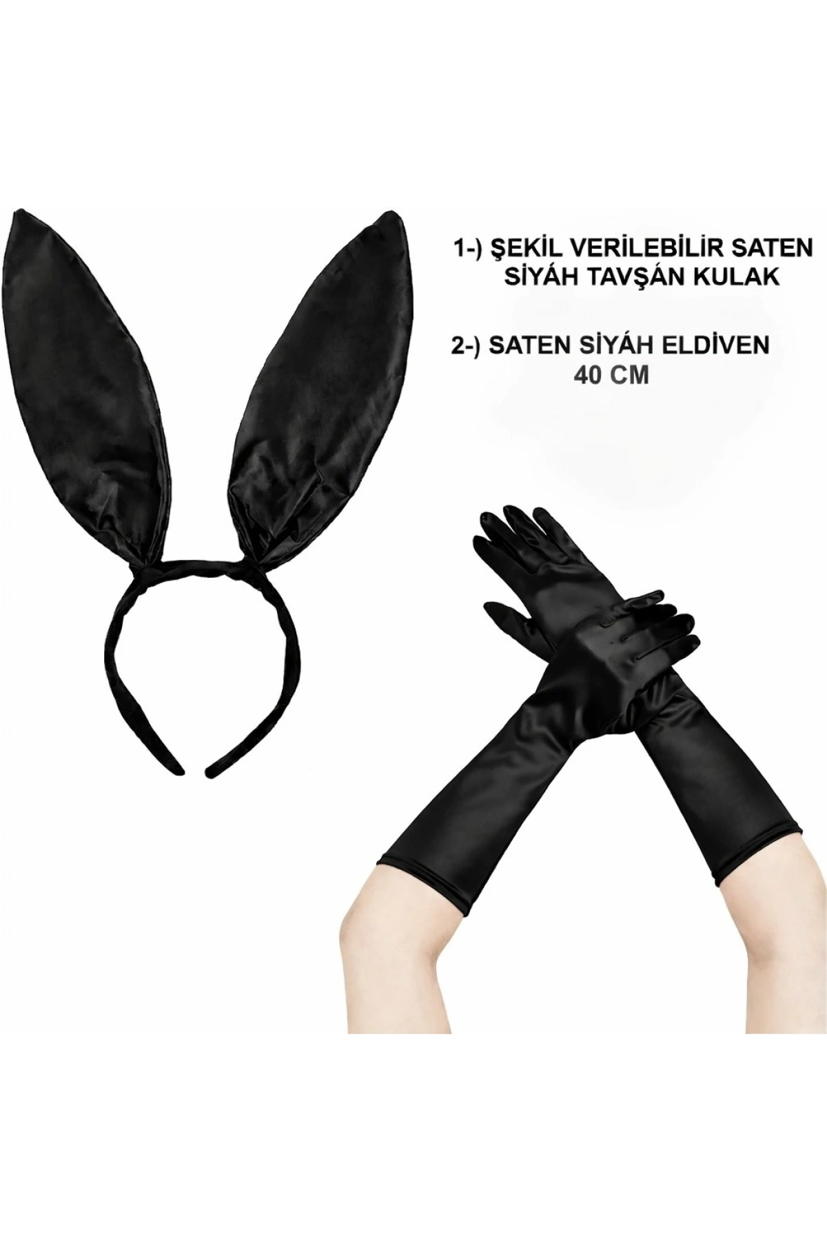 Siyah Parlak Tavşan Kulak ve 40 cm Parlak Siyah Eldiven Kostüm Seti (5047)