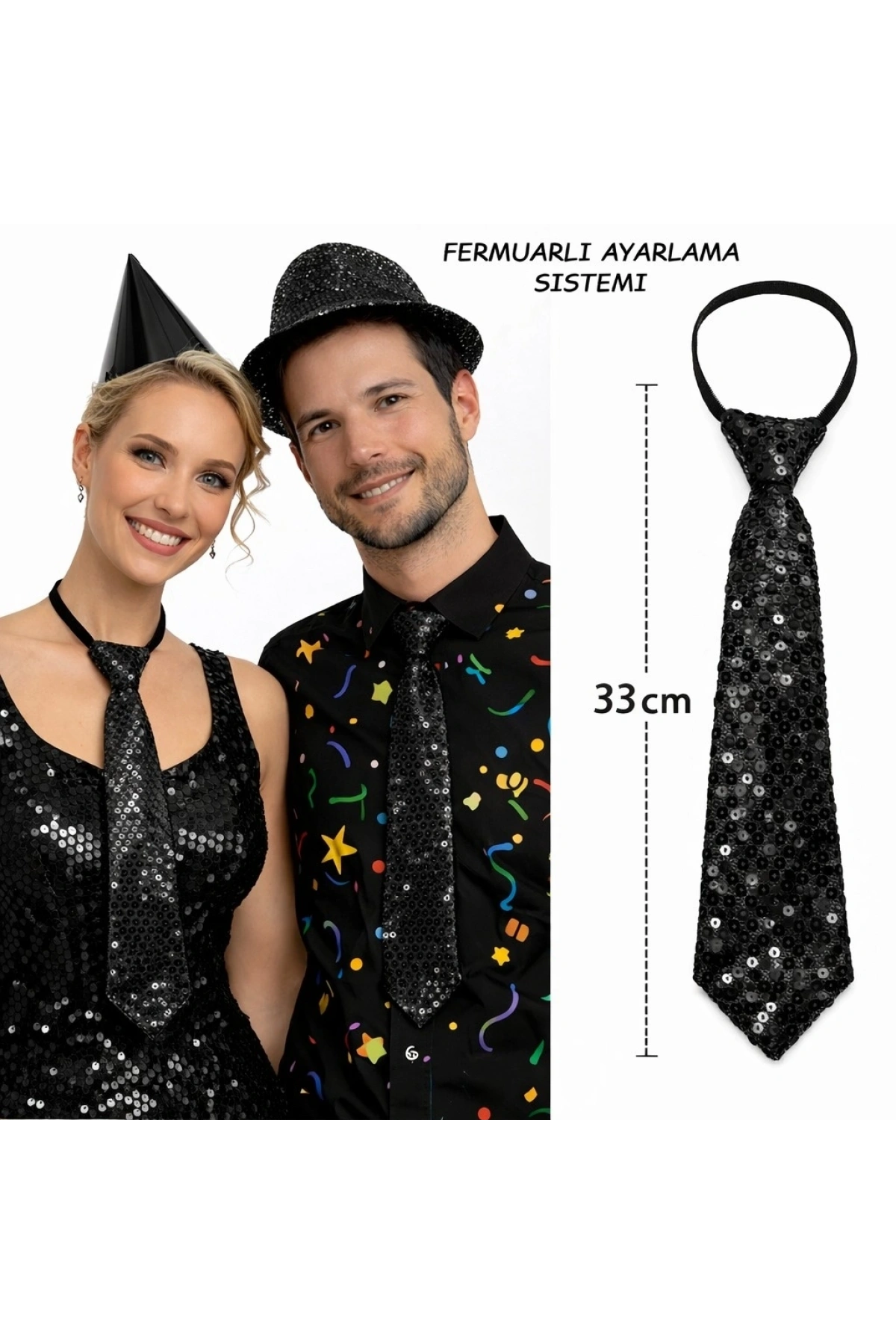 Siyah Renk Pul Payetli Işıltılı Parti Kravatı 33 cm (5047)