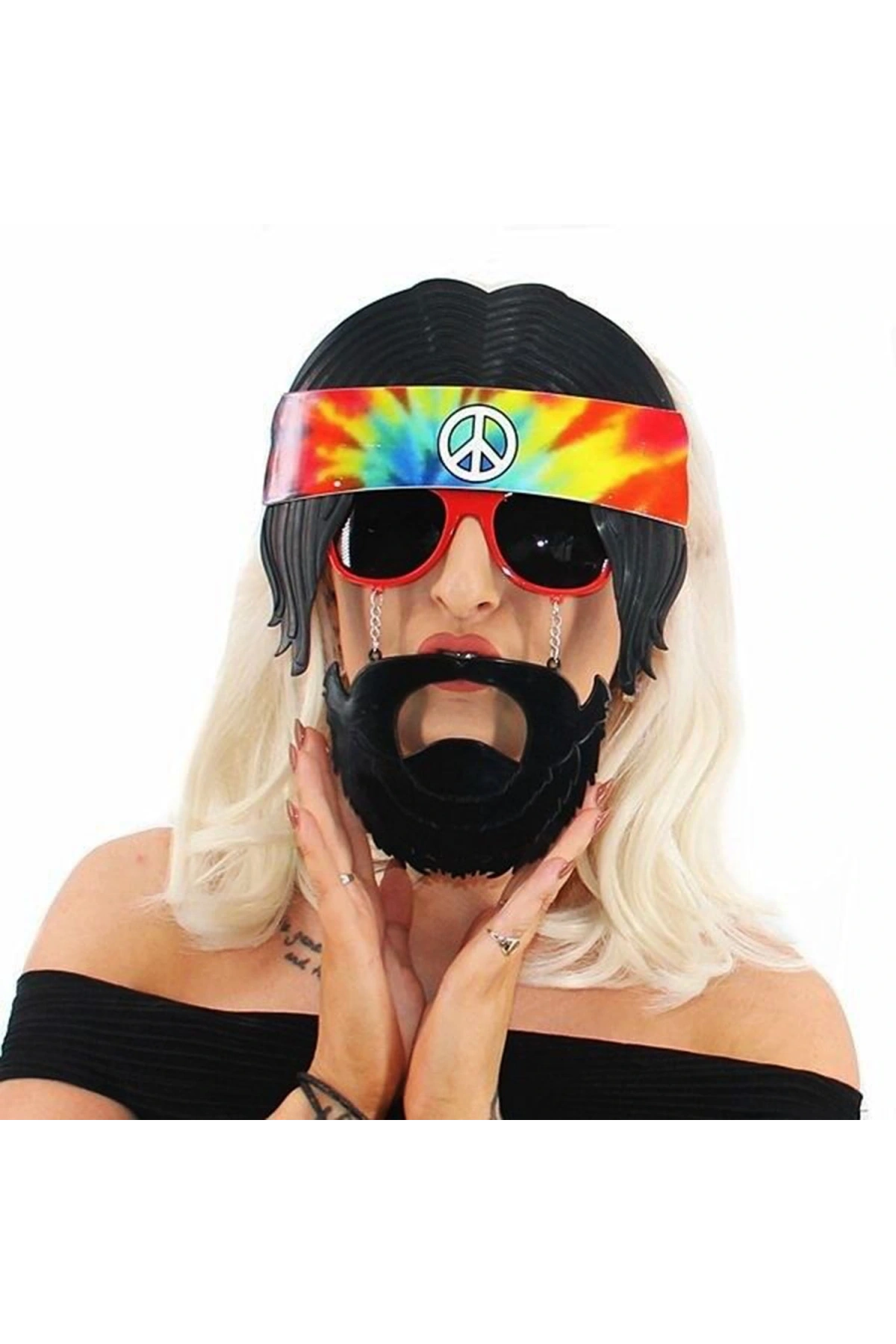 Siyah Saçlı Bandana Tasarımlı Hippi Parti Gözlüğü 26x18 cm (5047)