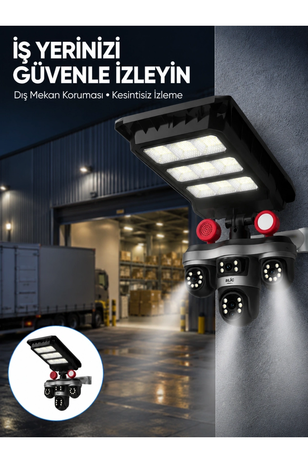Solar Panelli 3 Lens Dış Mekan Güvenlik Kamerası Hareket Algılamalı LED Aydınlatmalı