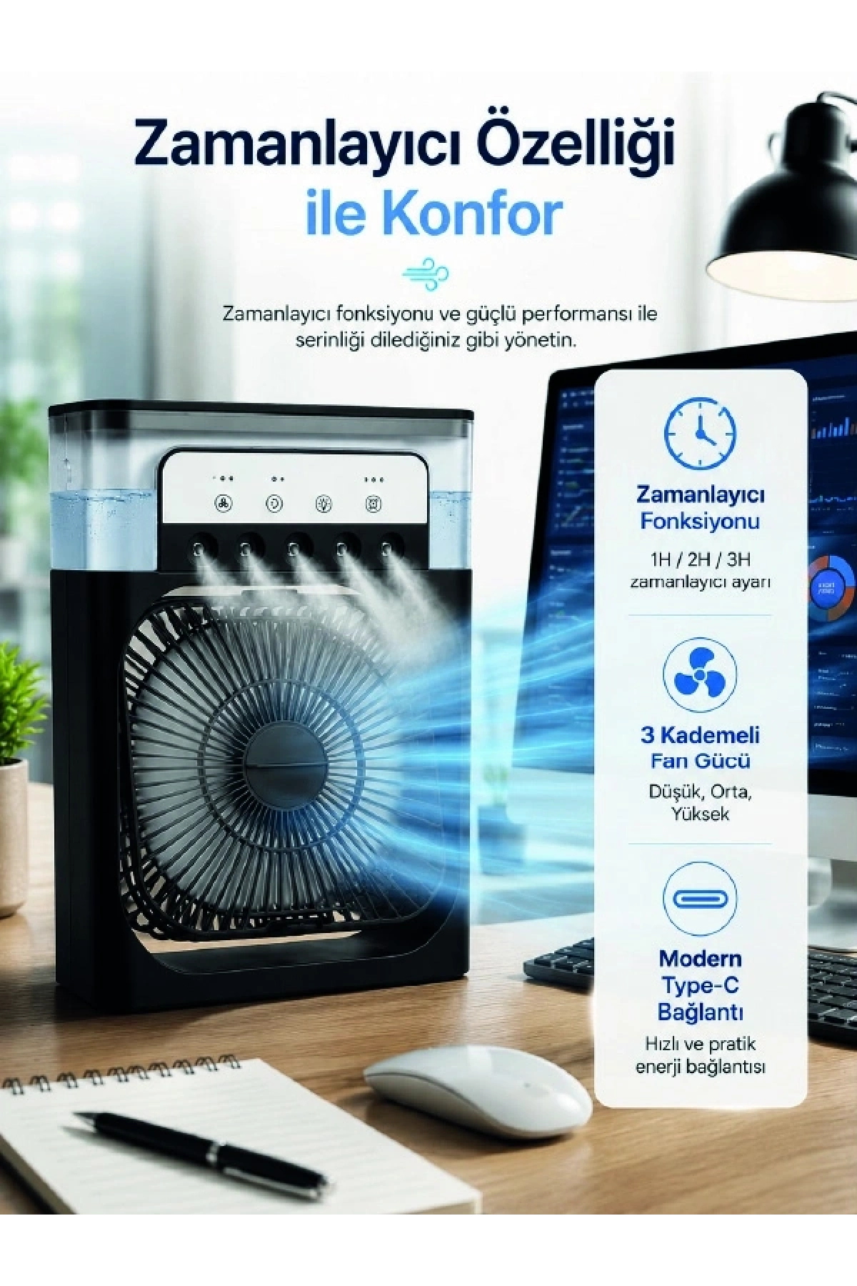 Su Hazneli Püskürtmeli Fan 1-3-5 Püskürtme Seçeneği, Type-C Güç Girişi