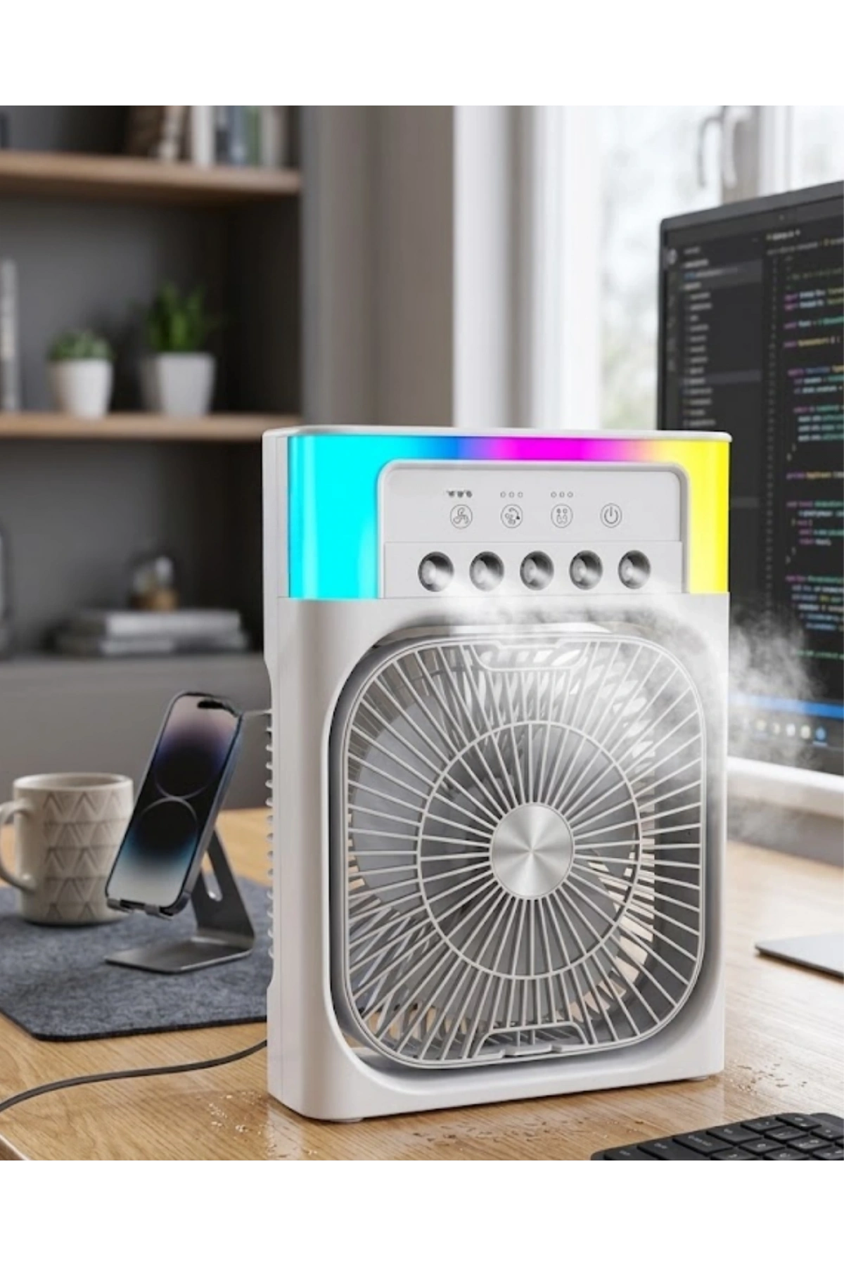 Su Püskürtmeli Mini Klima Fan USB Şarjlı Masaüstü Soğutucu RGB Işıklı
