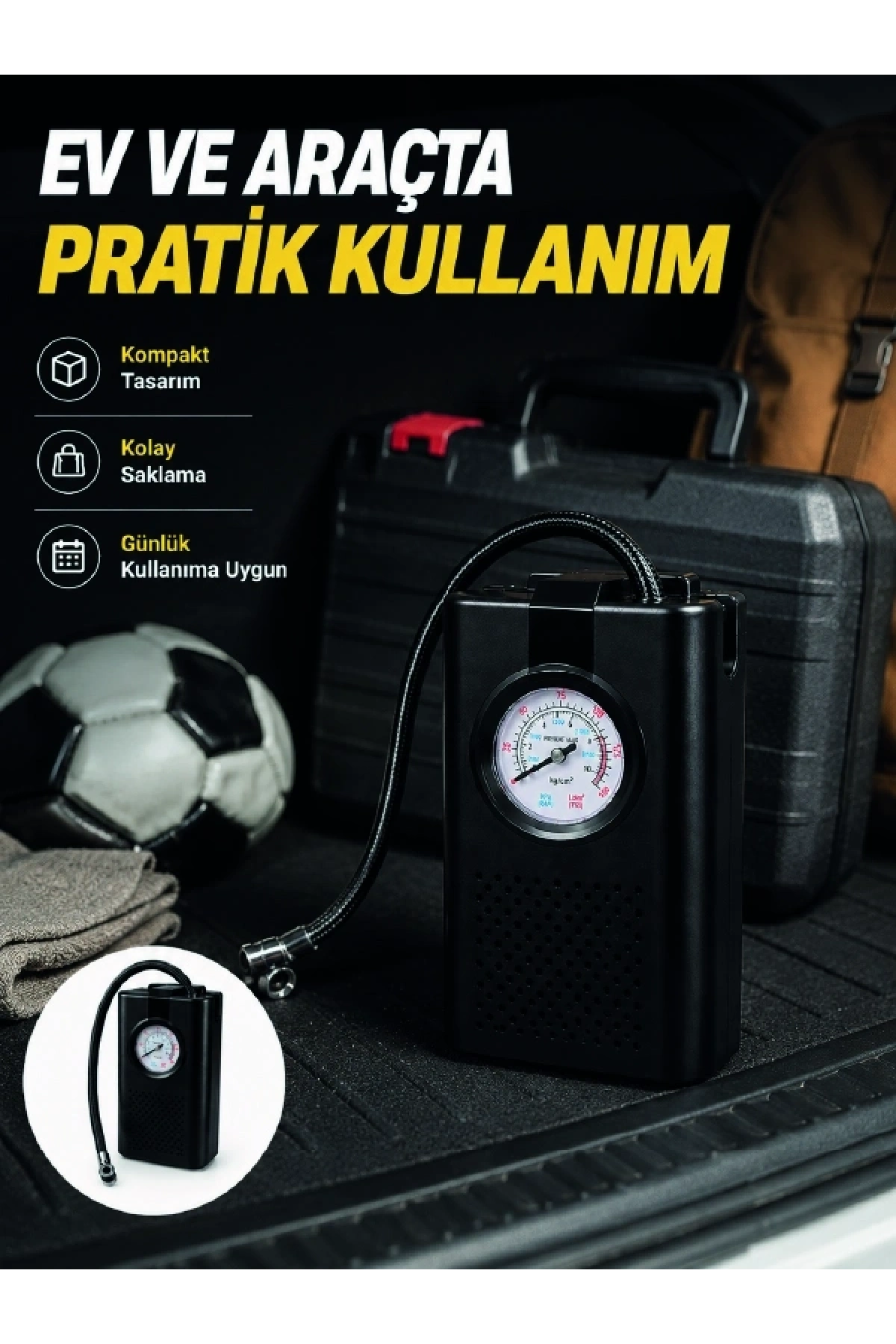 Taşınabilir Araç Hava Pompası Analog Manometreli Lastik Şişirme Pompası