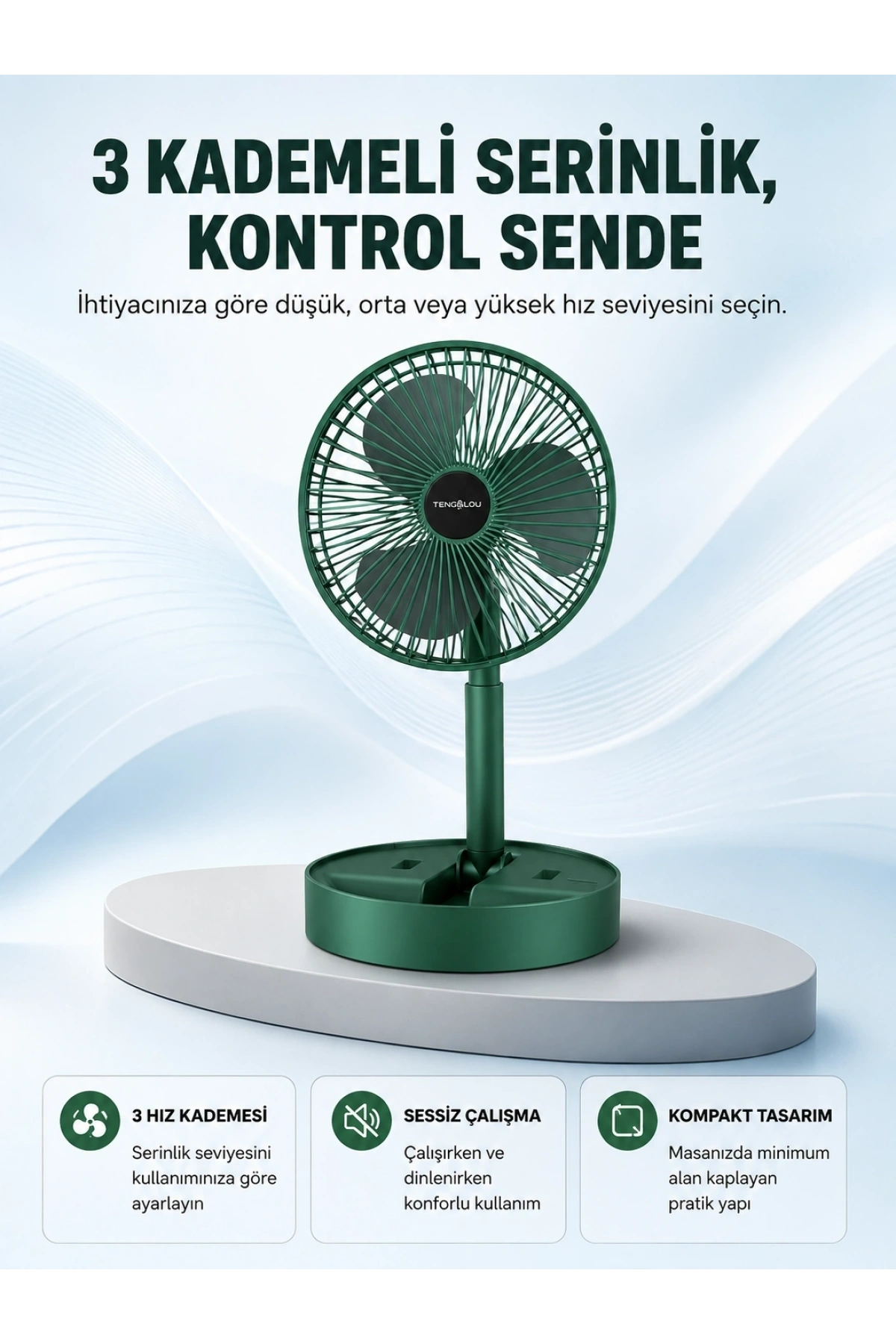 Taşınabilir Katlanabilir Mini Fan 3 Kademeli Şarj Edilebilir