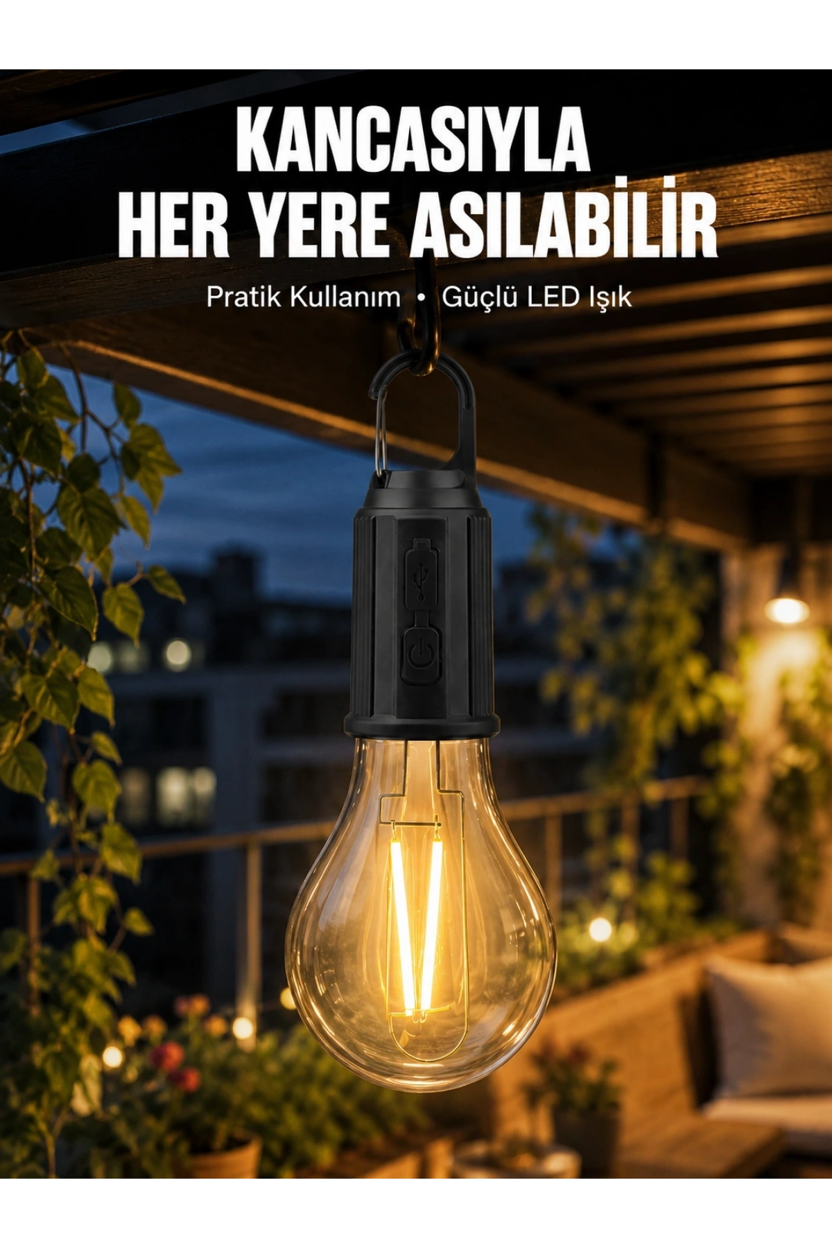 Taşınabilir Şarjlı Led Ampul Askılı Lamba Kamp Bahçe Lambası