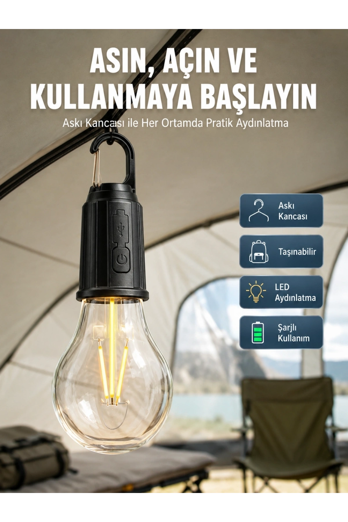Taşınabilir Şarjlı Led Ampul Askılı Lamba Kamp Bahçe Lambası