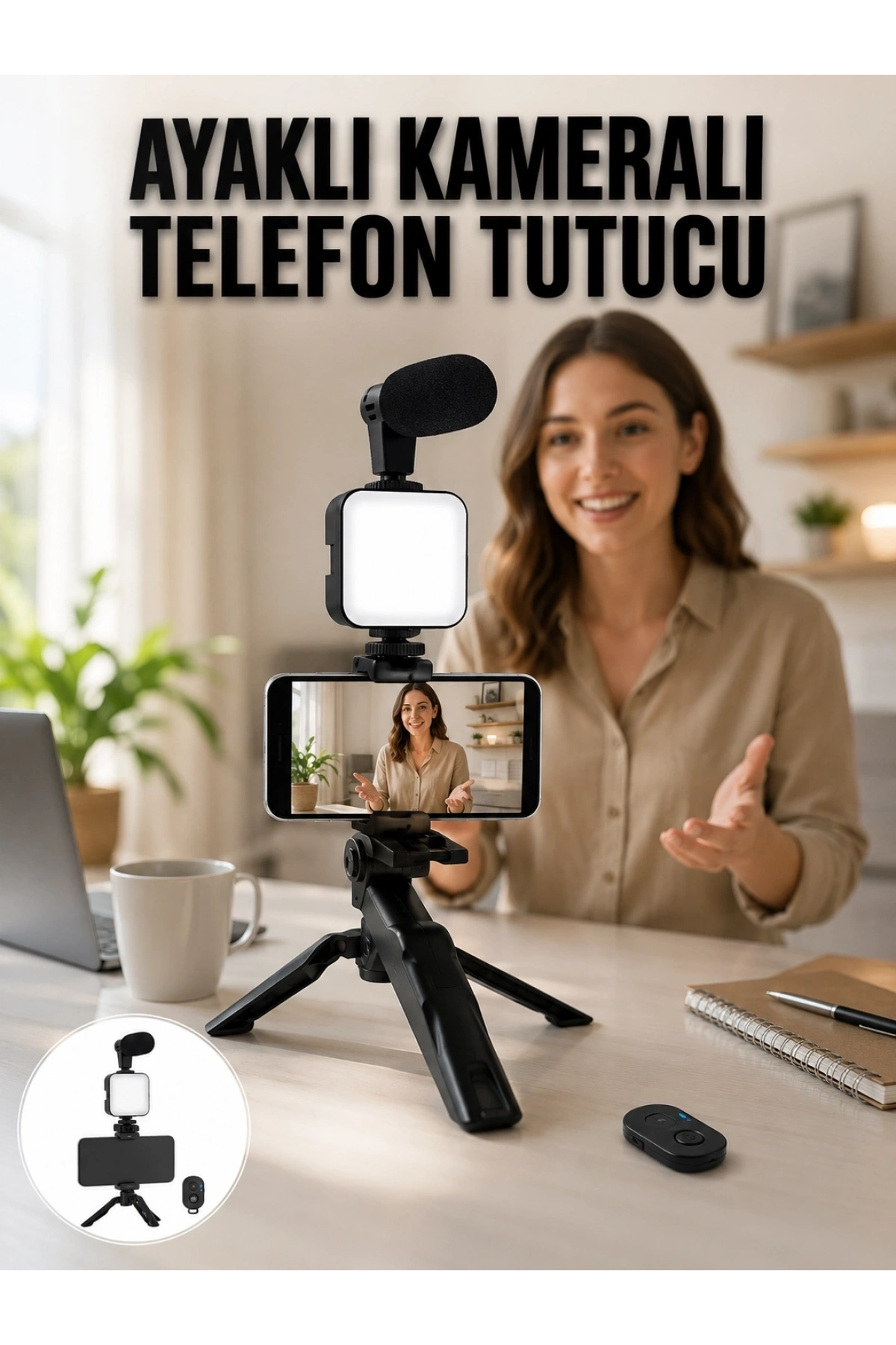 Telefon Tutucu Led Işıklı Kumandalı Mikrofon Telefon Vlog Video Kayıt