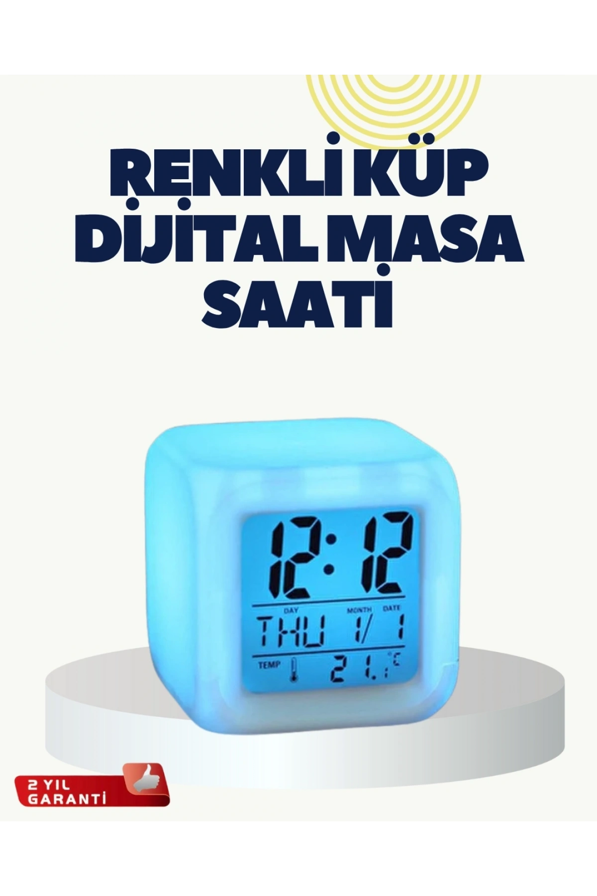 Termometre ve Takvim Özellikli 7 Renk Değiştiren Küp Alarm Saati