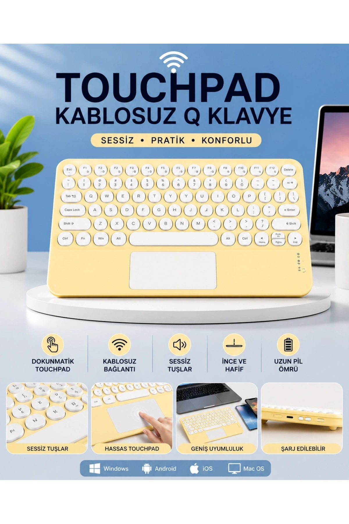 Touchpad Tüm Cihazlara Uyumlu Bluetooth Klavye Touchpad Slim Kablosuz Wifi Q Klavye