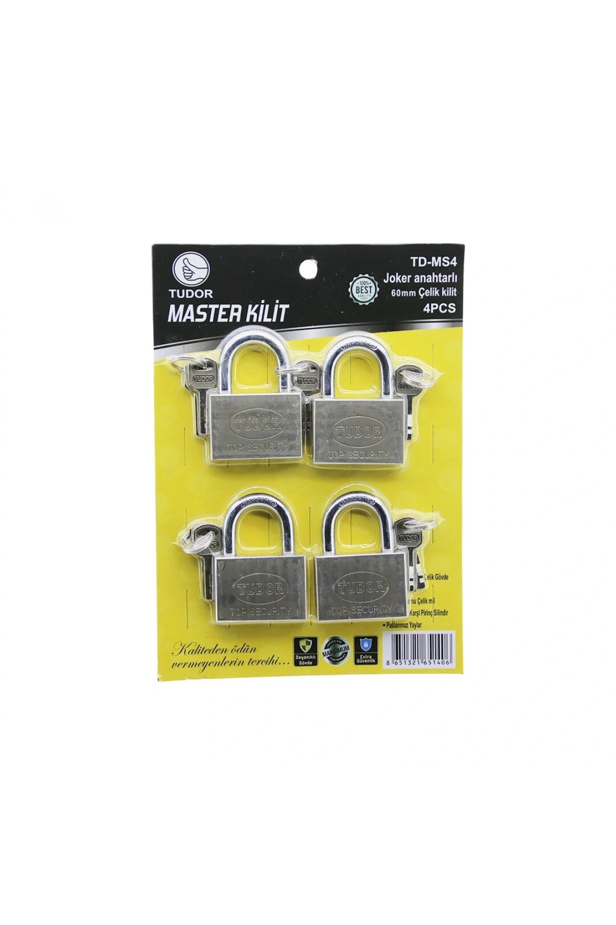 TUDOR TD-MS4 MASTER 4PCS JOKER ANAHTARLI=TEK ANAHTARLA 4 KİLİT AÇ  60MM - GRİ KISA KANCALI ÇELİK ASMA KİLİT (5047)