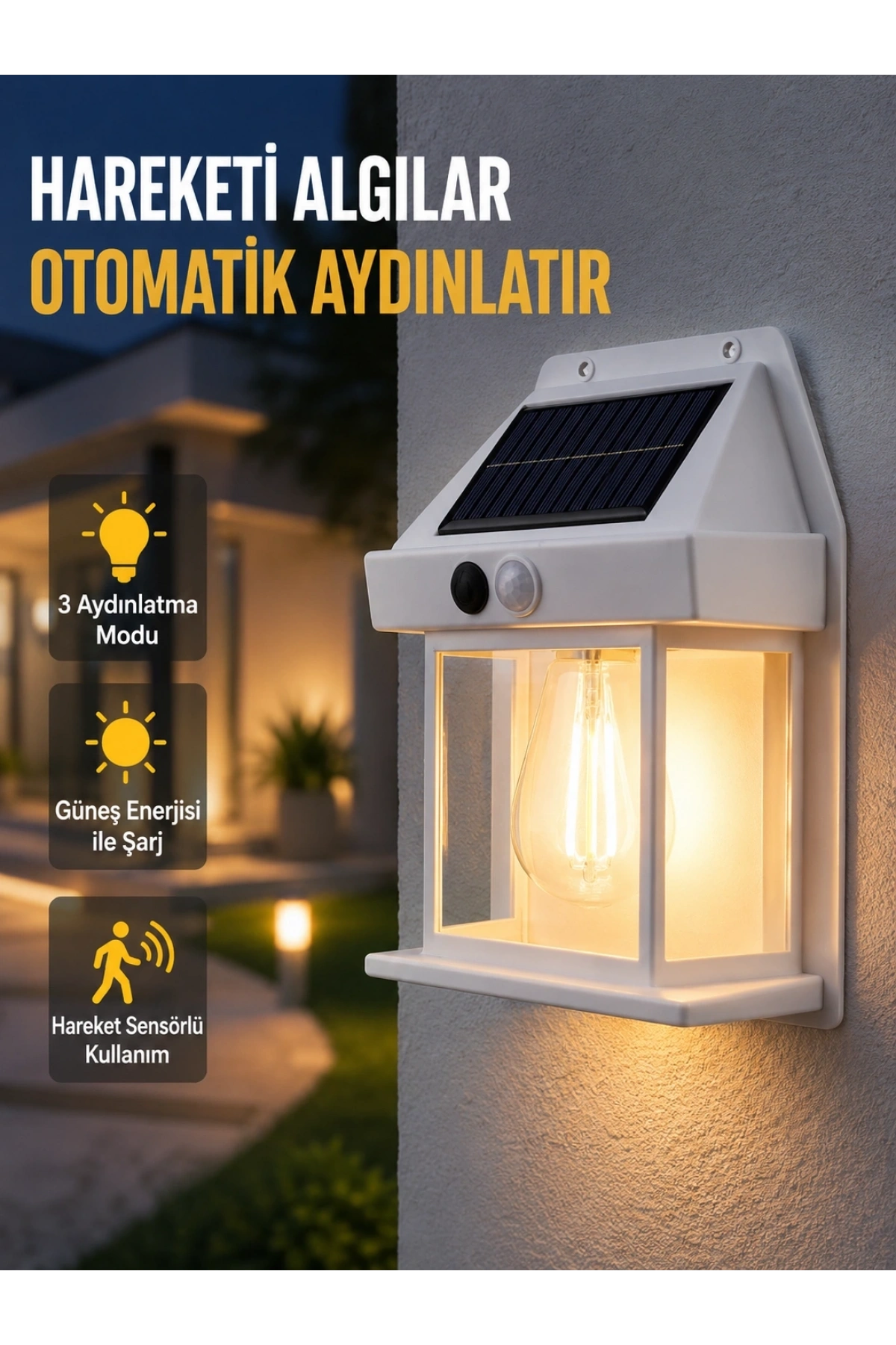 Üç Modlu Güneş Enerjili Duvar Lambası 1800mAh Bataryalı ve Hareket Sensörlü