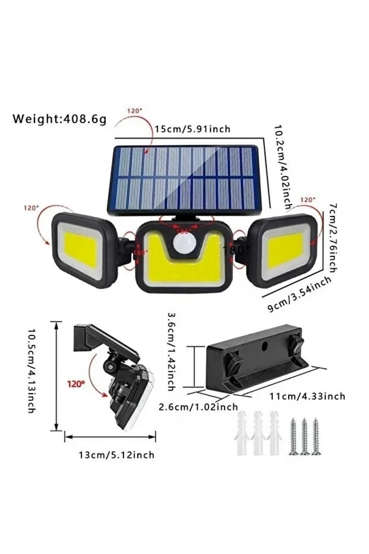 Üçlü Solar Led Projektör – Beyaz Işık – Sensörlü Dış Mekân Aydınlatma (5047)