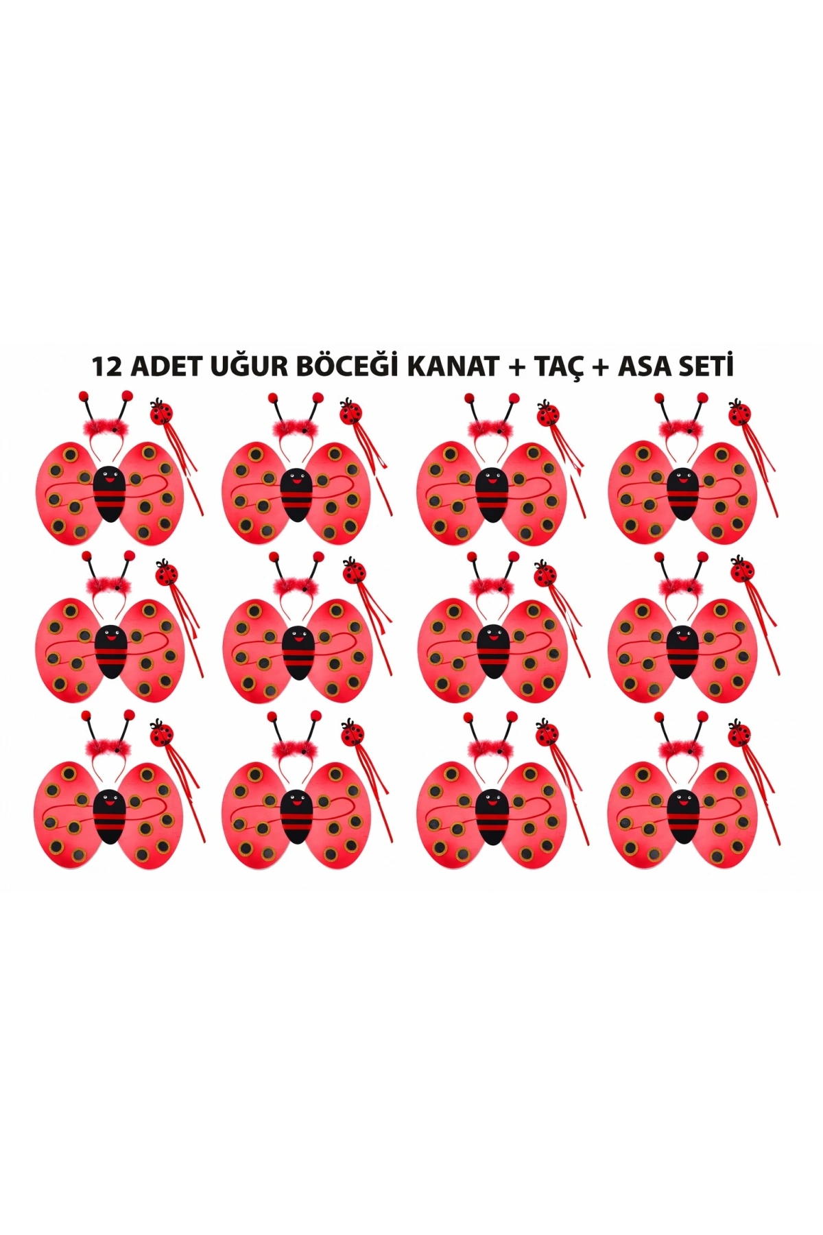 Uğur Böceği Kostüm Seti - Kanat Taç Asa 3 Parça 12 Adet (5047)
