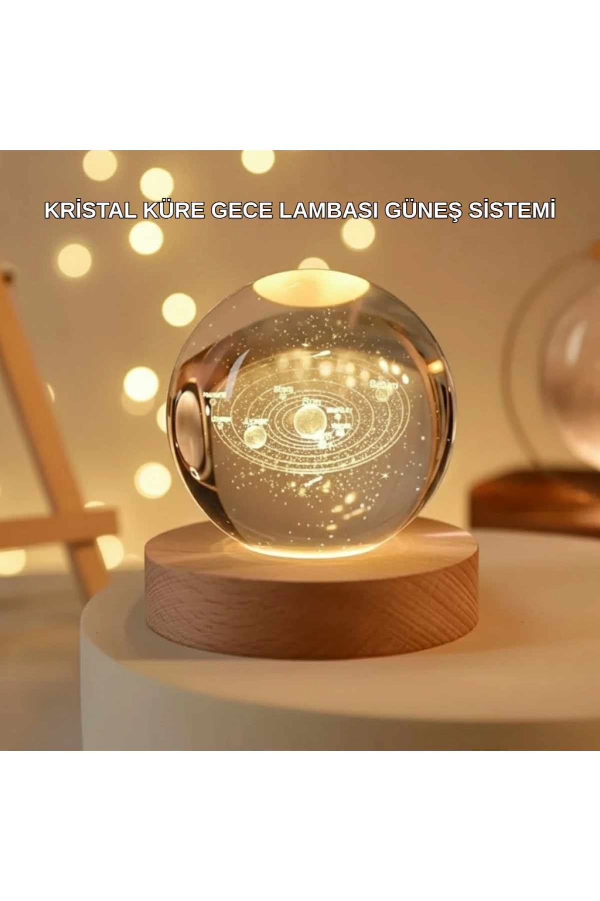 USB Bağlantılı Işıklı Kristal Küre Modern Ahşap Tabanlı Dekor