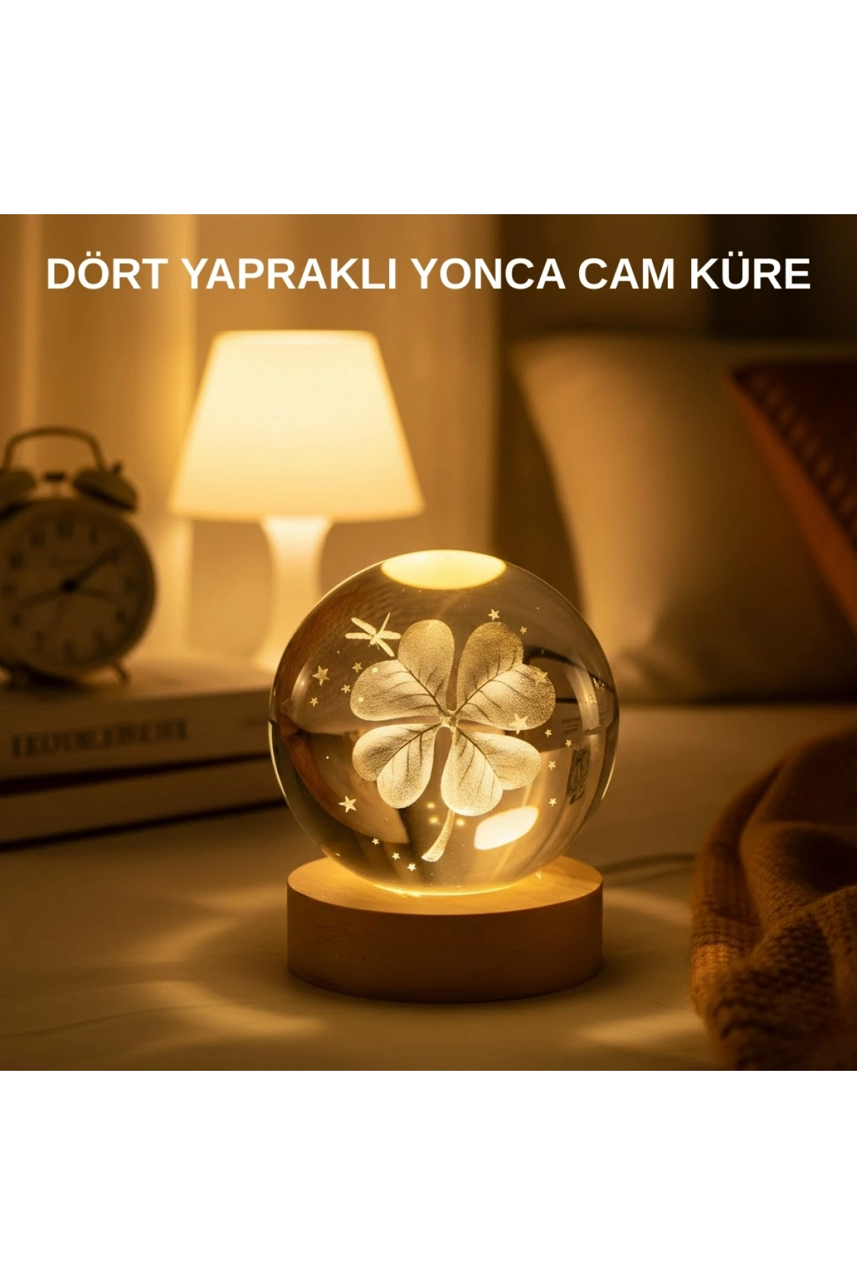 USB Bağlantılı Yonca Bitkili Cam Küre Ahşap Altlıklı Dekoratif Lamba