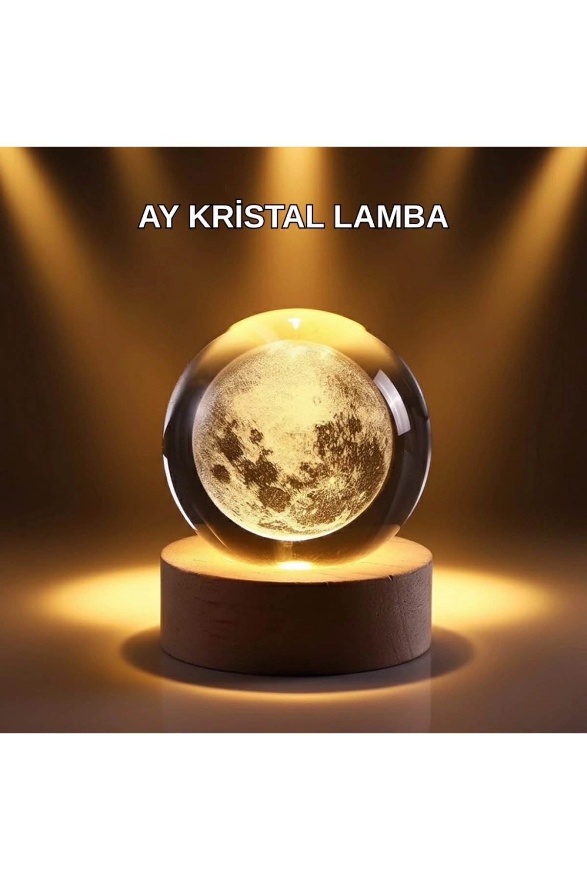 USB Işıklı Ay Kristal Küre 3D Oyma Tasarım Ahşap Standlı Gece Lambası