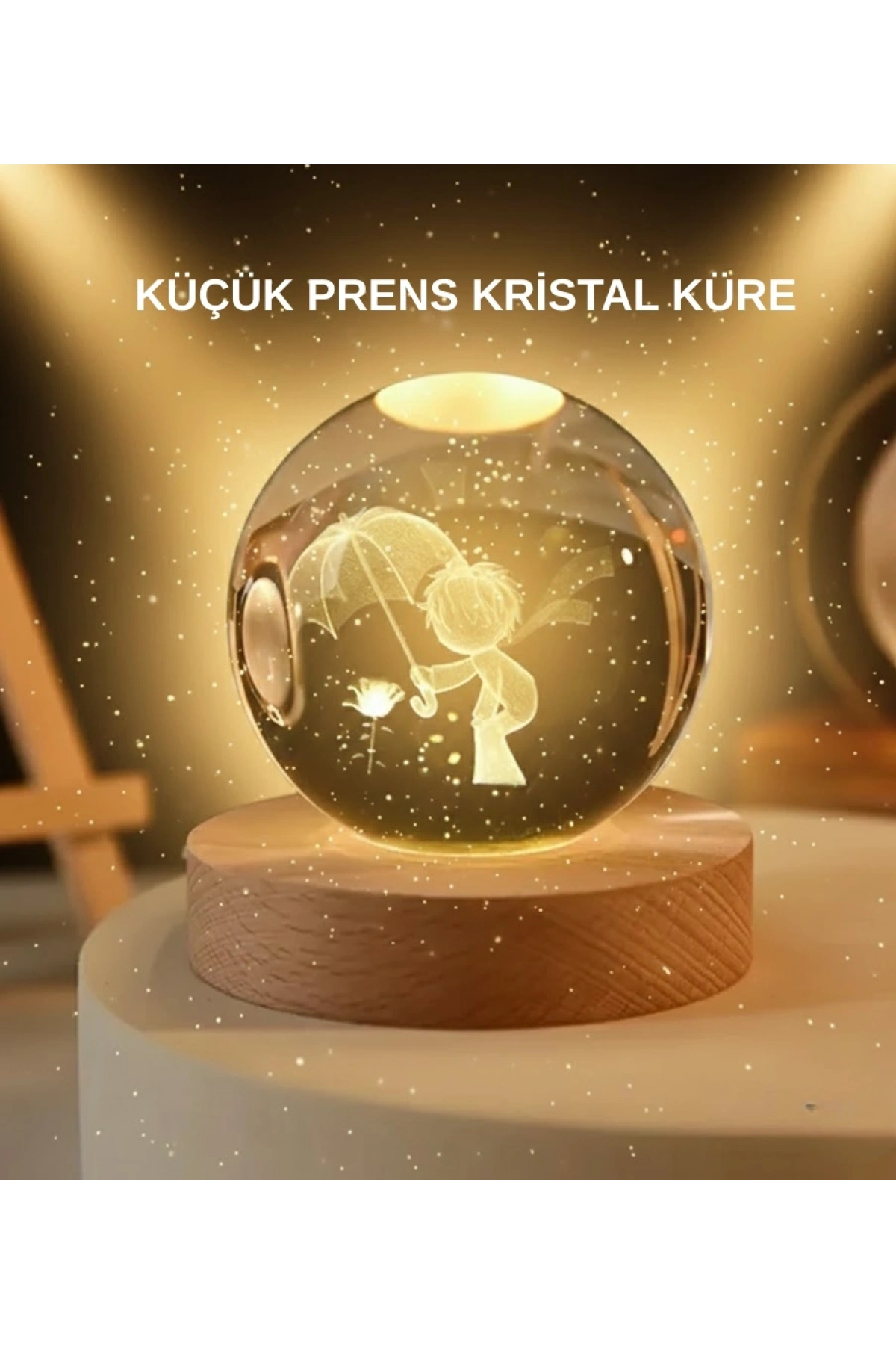 USB LED 3D Küçük Prens Kristal Küre Ahşap Standlı Gece Lambası