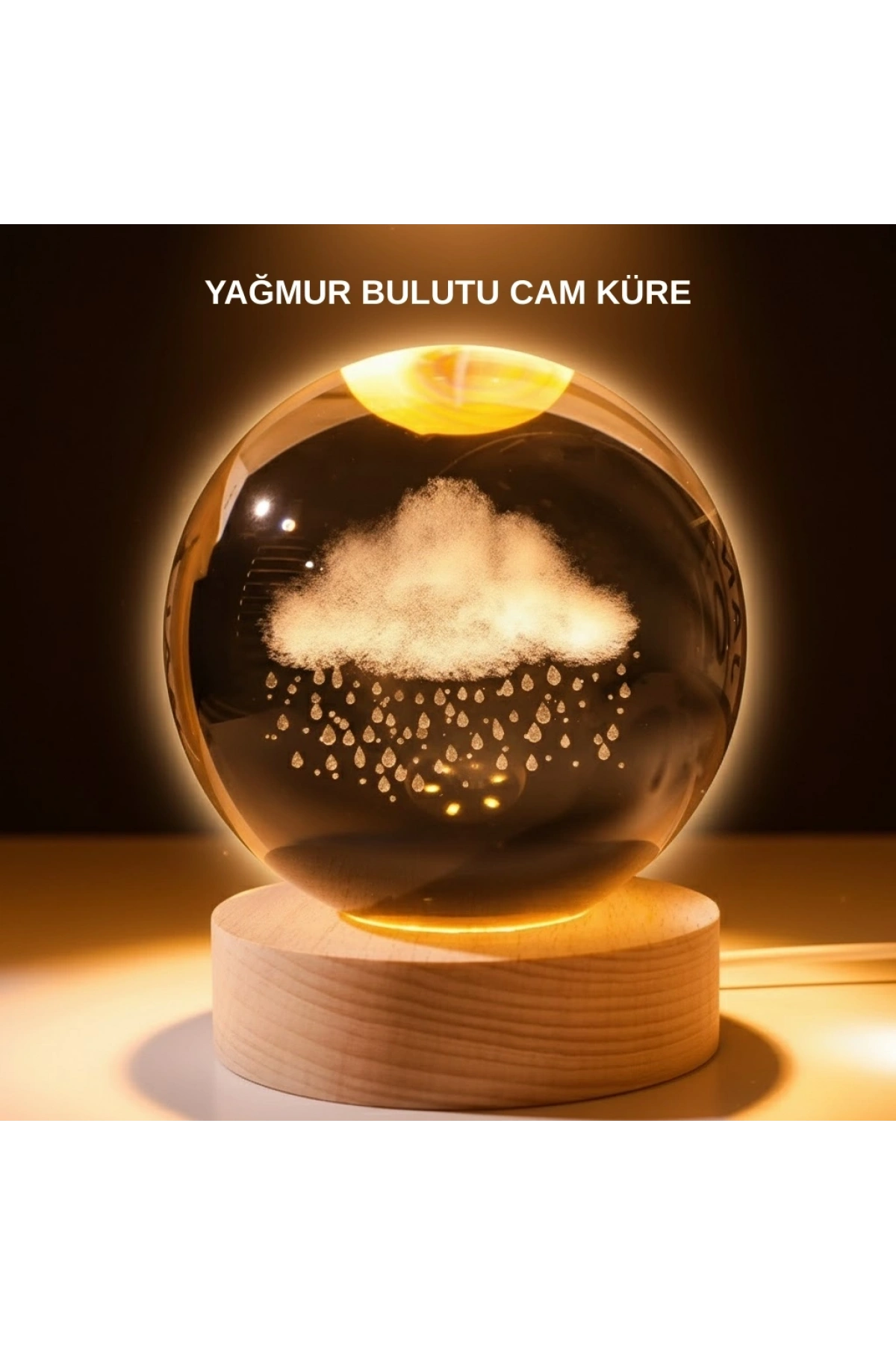USB LED 3D Yağmur Bulutu Kristal Küre Sıcak Işıklı Ahşap Standlı Gece Lambası