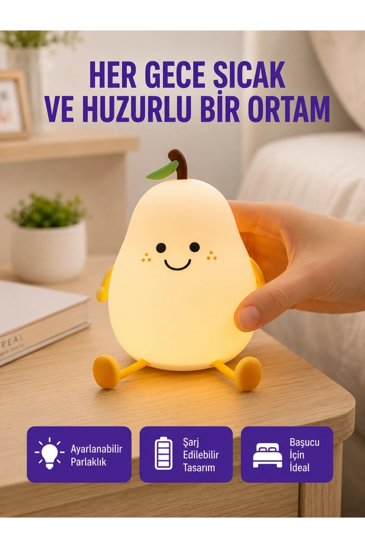 USB Şarjlı Armut Gece Lambası Dokunmatik Renk Değişimli