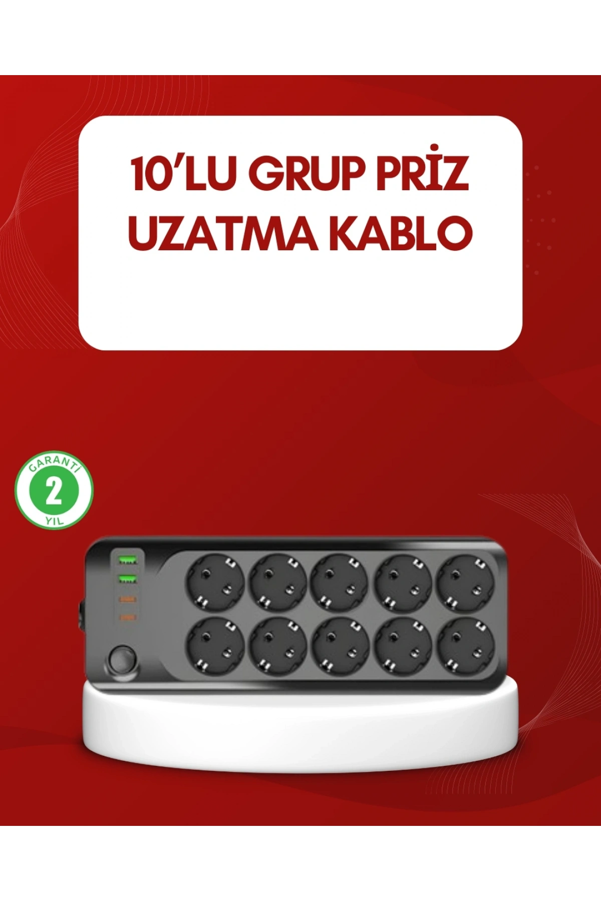 USB Type-C Destekli 10’lu Grup Priz Termal Korumalı 2m Kablo 2500W
