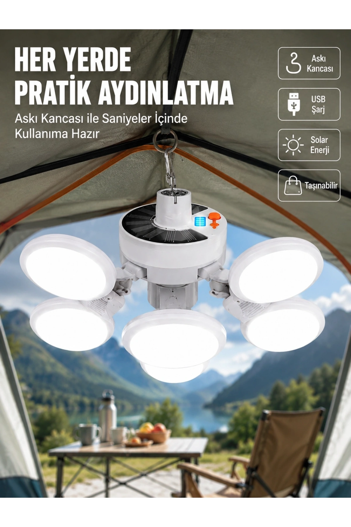USB ve Solar Şarjlı Katlanabilir 5 Taraflı LED Lamba