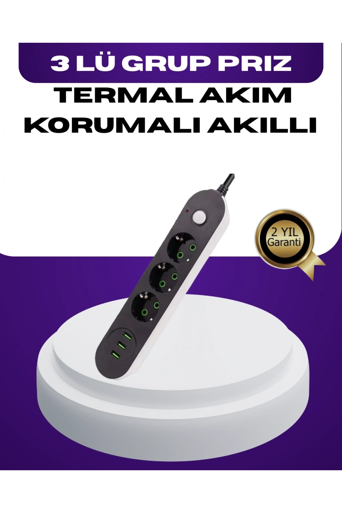 USB Yuvalı Anahtarlı Üçlü Priz 2 Metre Kablolu