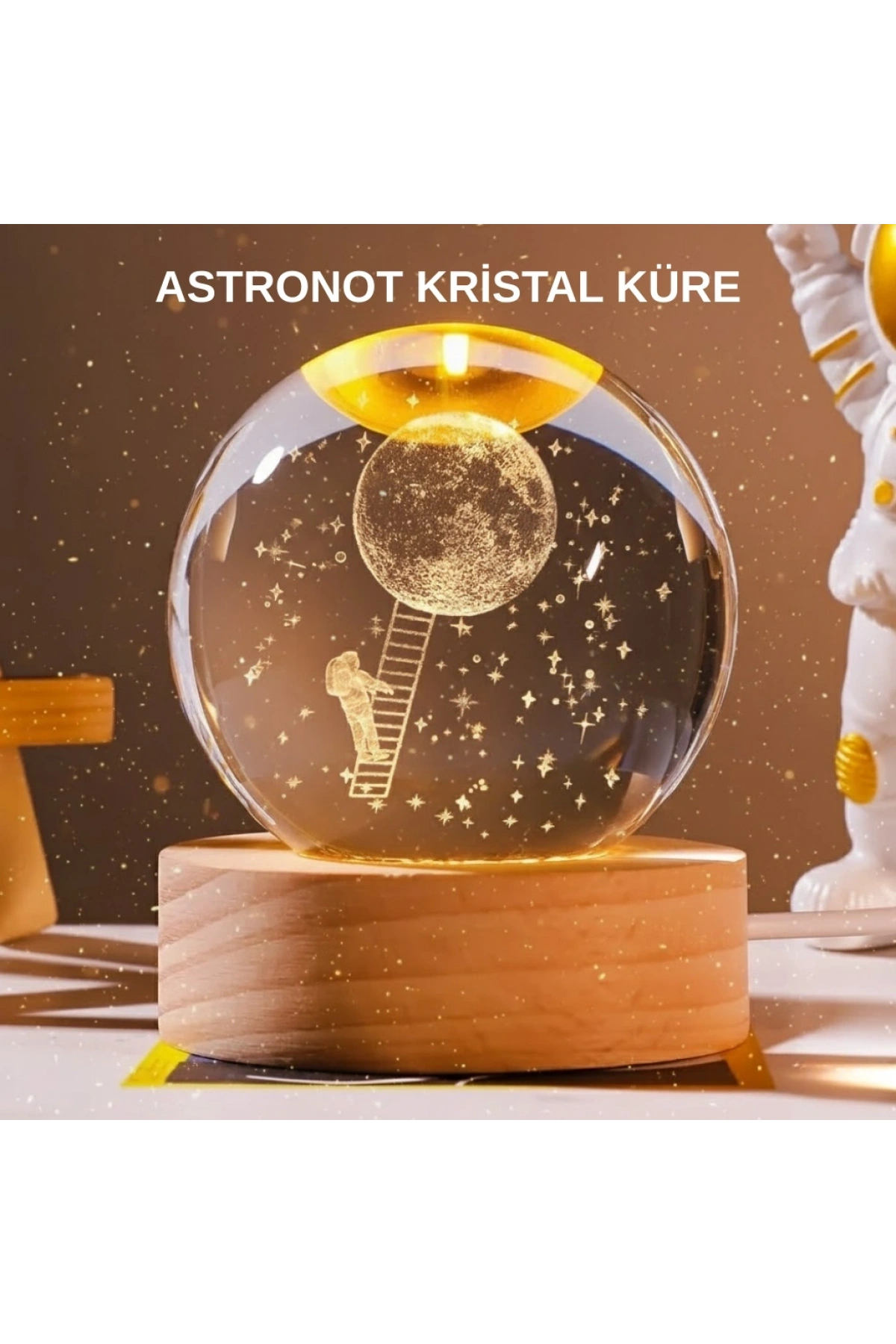 USB’li 3D Astronot Kristal Küre – Modern Uzay Temalı Gece Lambası