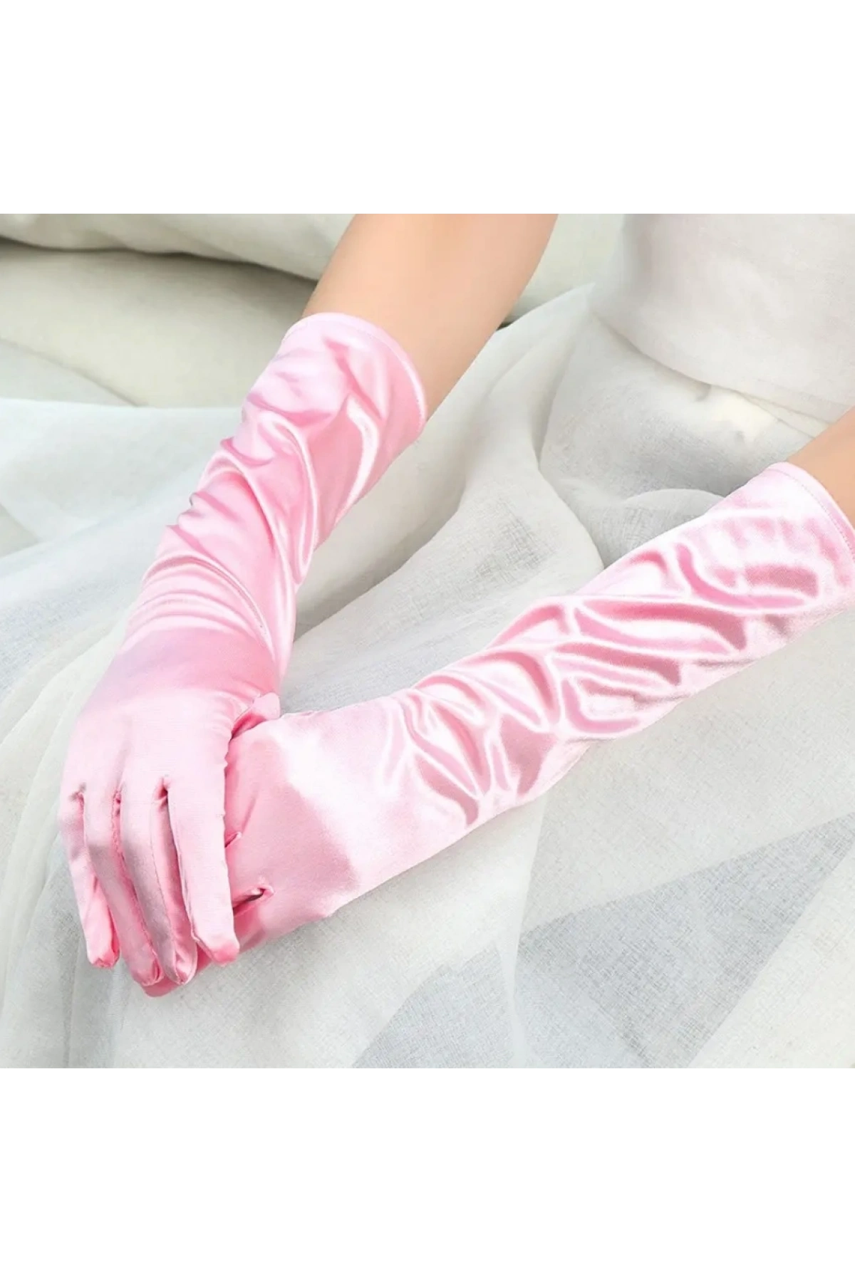 Uzun Boy Ekstra Parlak Saten Eldiven Pembe Renk (5047)