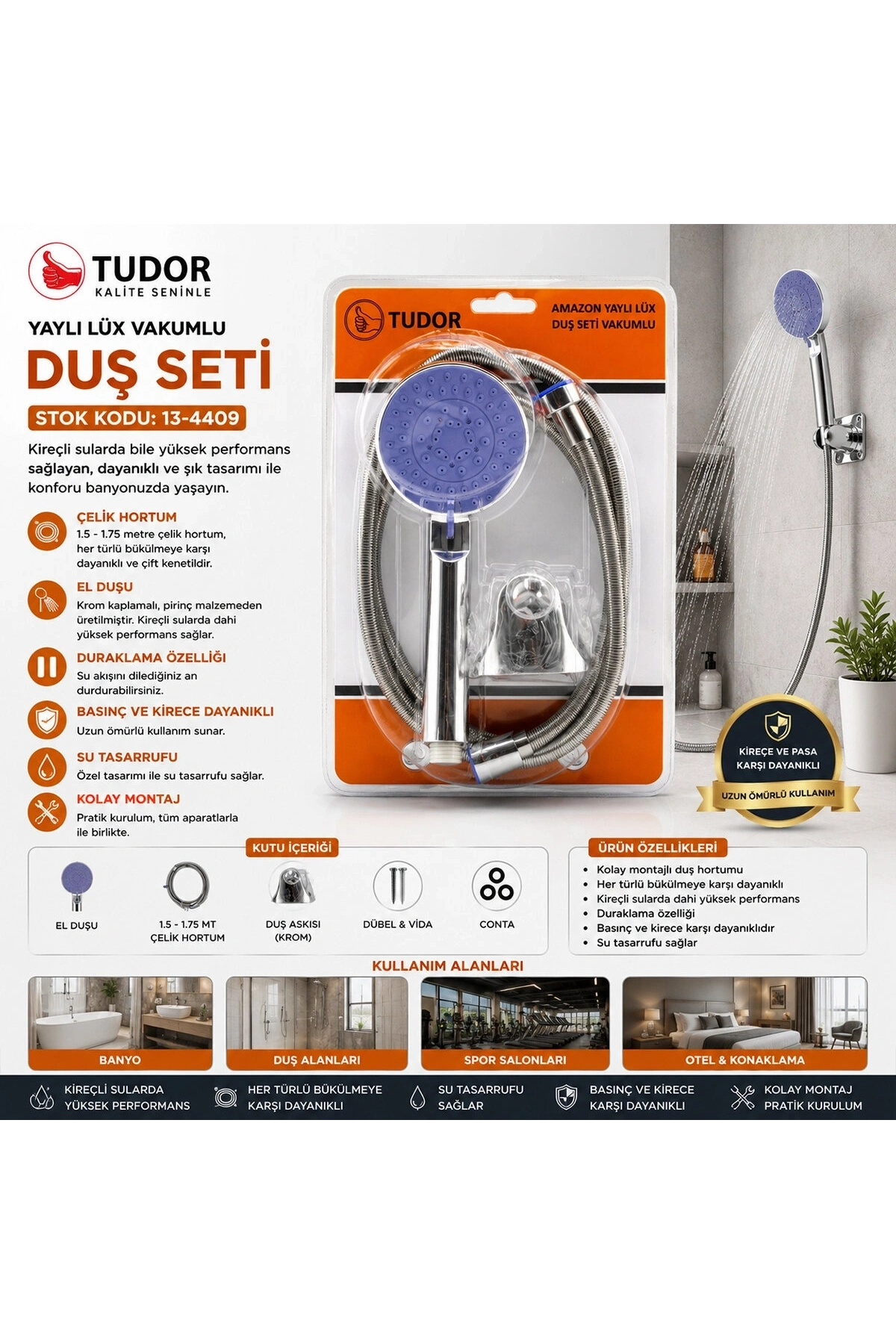 VAKUMLU - KROM LÜKS DUŞ SETİ METAL YAYLI HORTUM=150CM MAFSAL (5047)