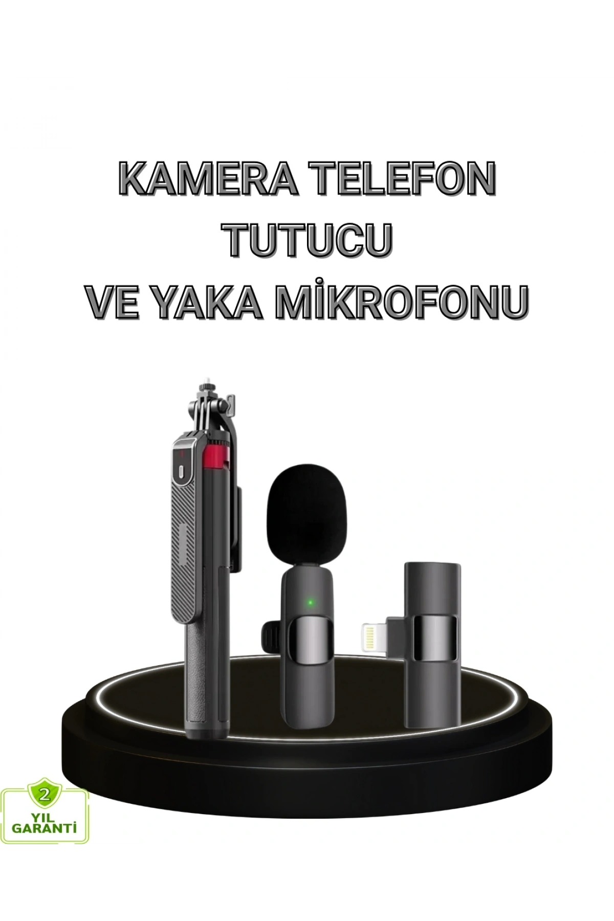 Vlog ve Canlı Yayın İçin Çift Yaka Mikrofonu ve Tripodlu Selfie Çubuğu Seti