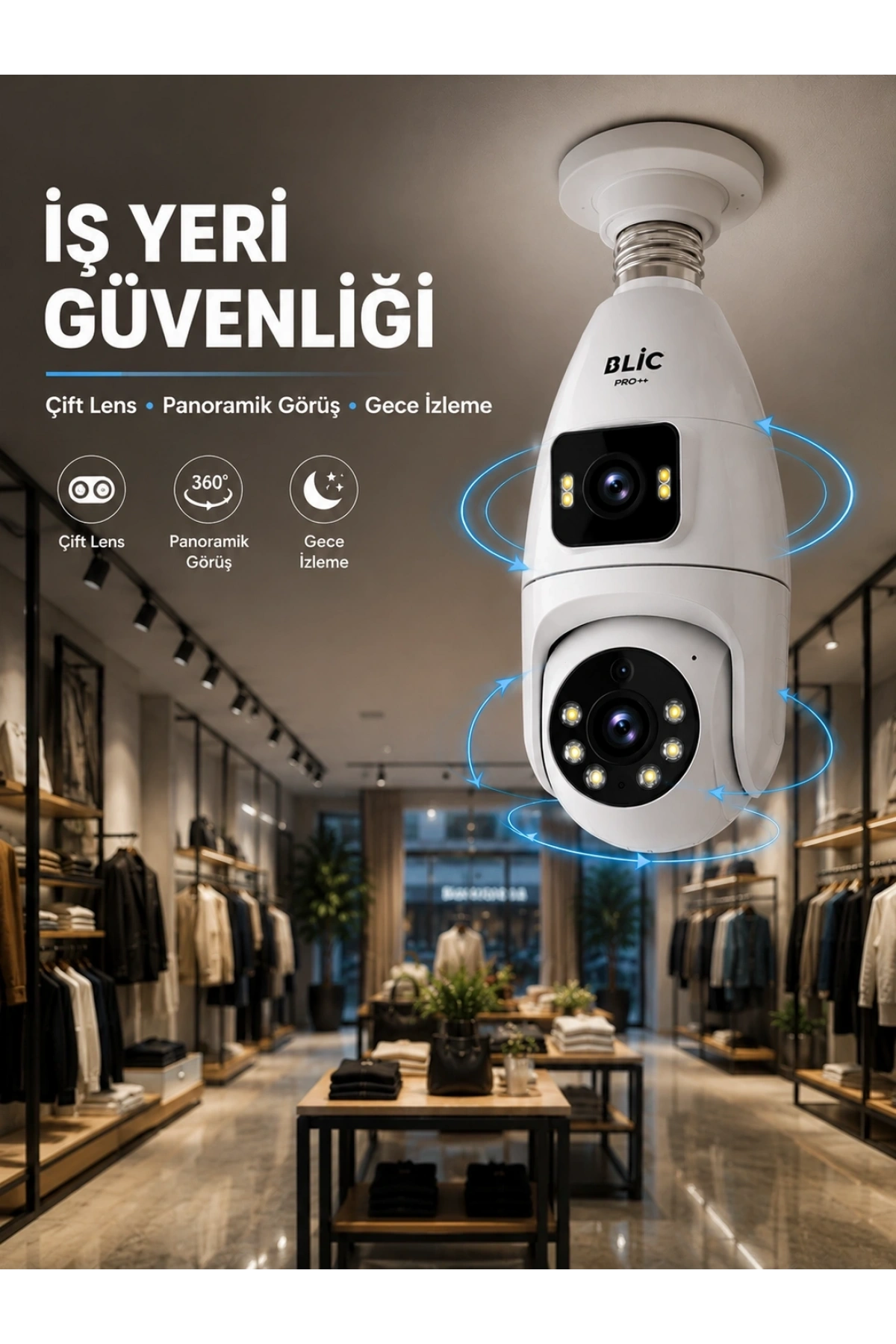 Wi-Fi Çift Lens Ampul Kamera  Akıllı Ev Güvenliği