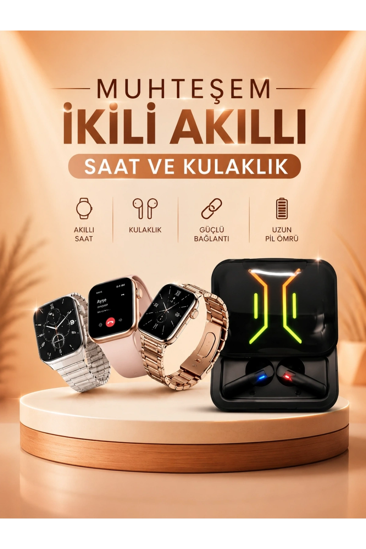 Wireless Şarjlı Akıllı Saat ve Dijital Göstergeli Kablosuz Bluetooth Kulaklık Nabız Ölçer