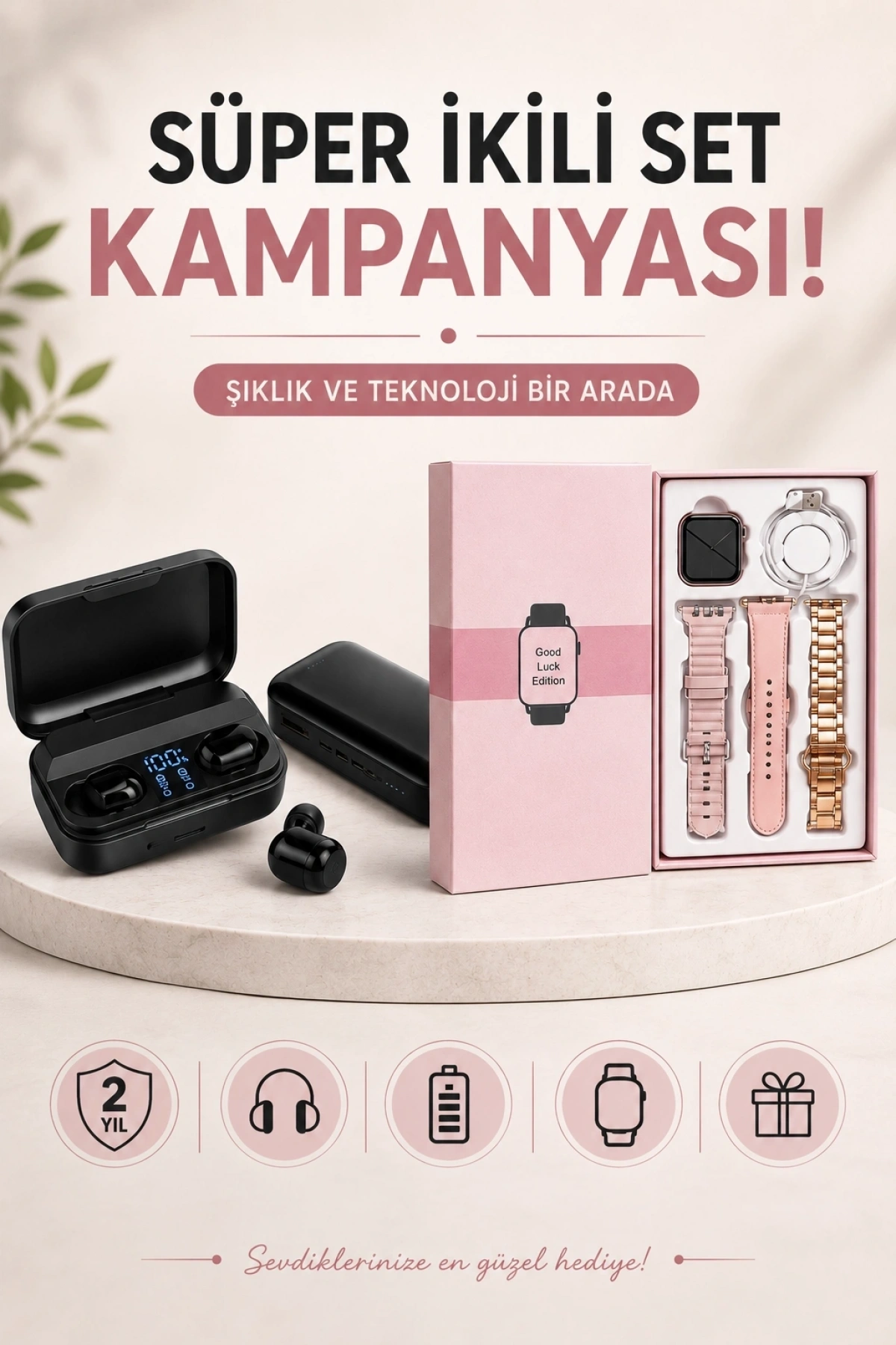 Wireless Şarjlı Pembe Akıllı Saat ve Kablosuz Bluetooth Kulaklık Dokunmatik Kontrol