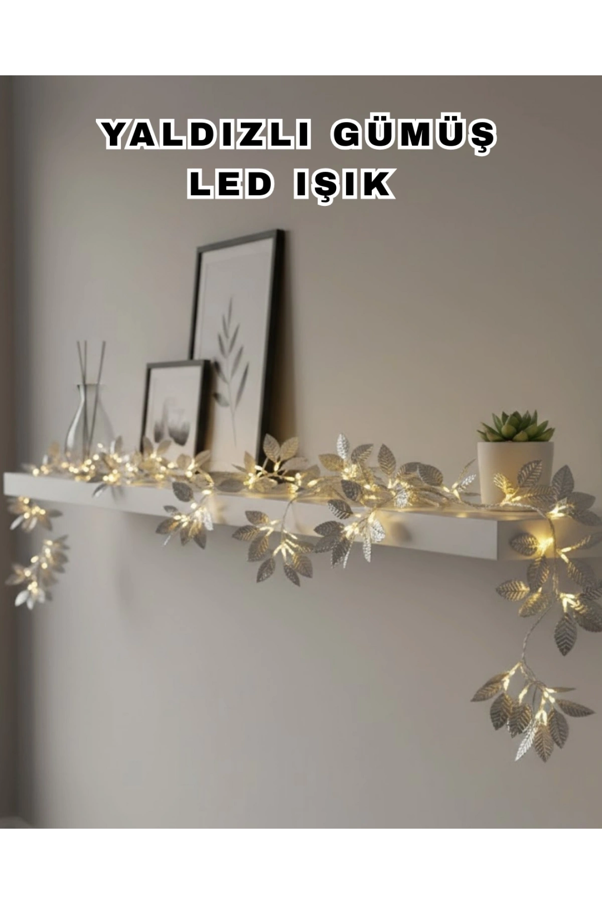 Yaldızlı Gümüş Yaprak LED Işık Pilli Dekoratif Ortam ve Yılbaşı Aydınlatması