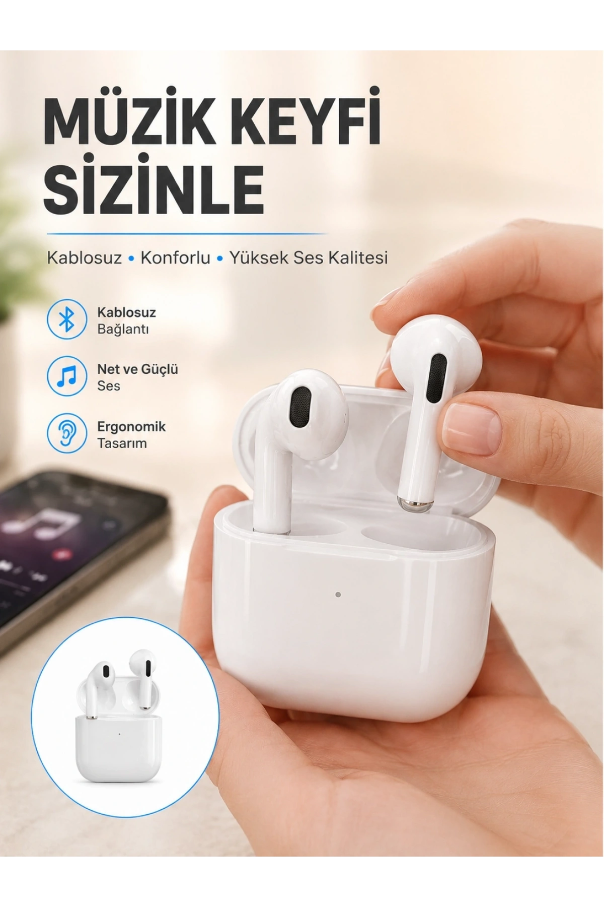 Yeni Nesil Bluetooth Kulaklık Beyaz Çağrı Cevaplayabilen Kablosuz