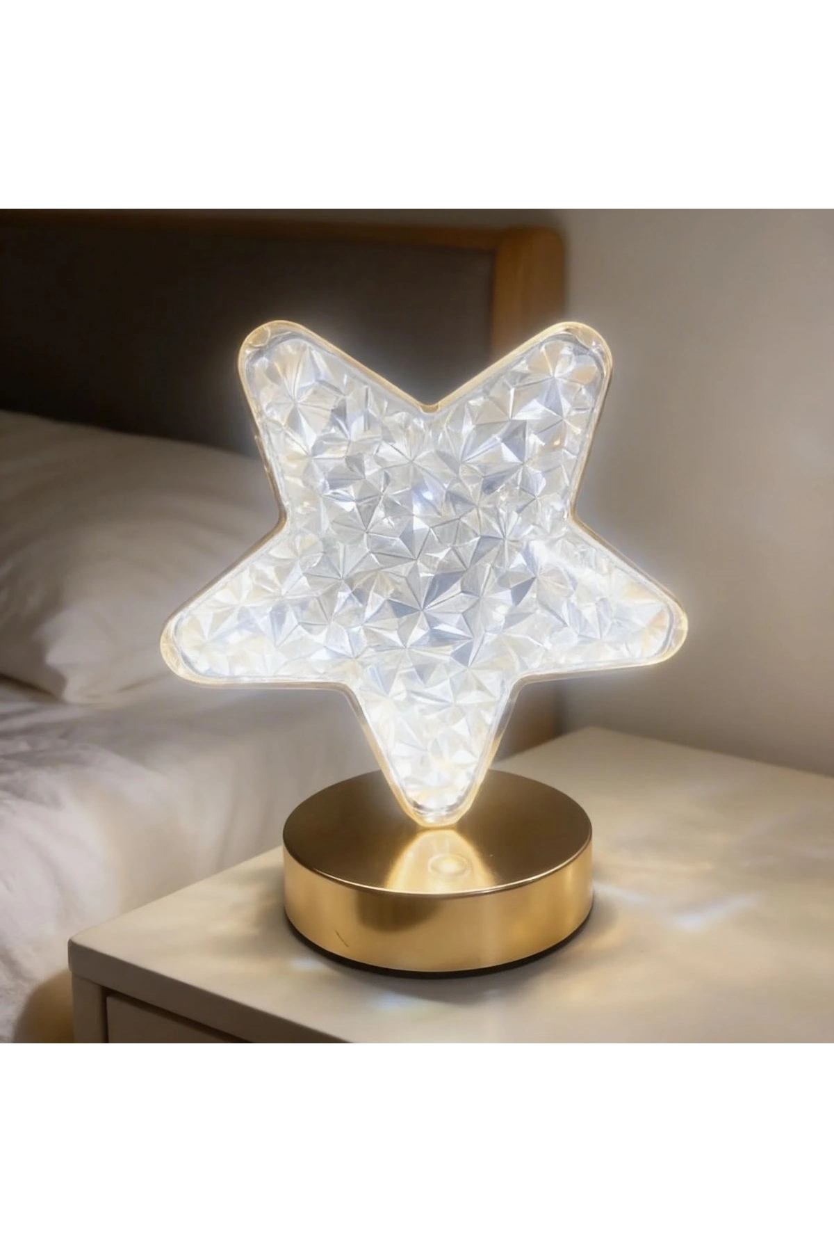 Yıldız Model Kristal LED Masa Lambası – Dokunmatik, 3 Renk Işık Modlu, Şarjlı Mini Dekoratif Gece Lambası (5047)