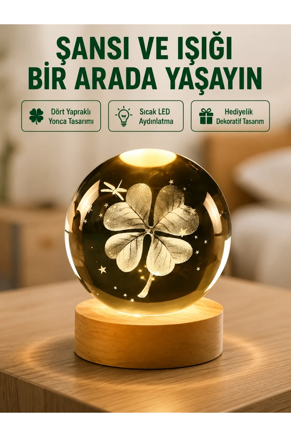 Yonca Figürlü Cam Küre USB Işıklı Ahşap Tabanlı Dekoratif Masa Lambası